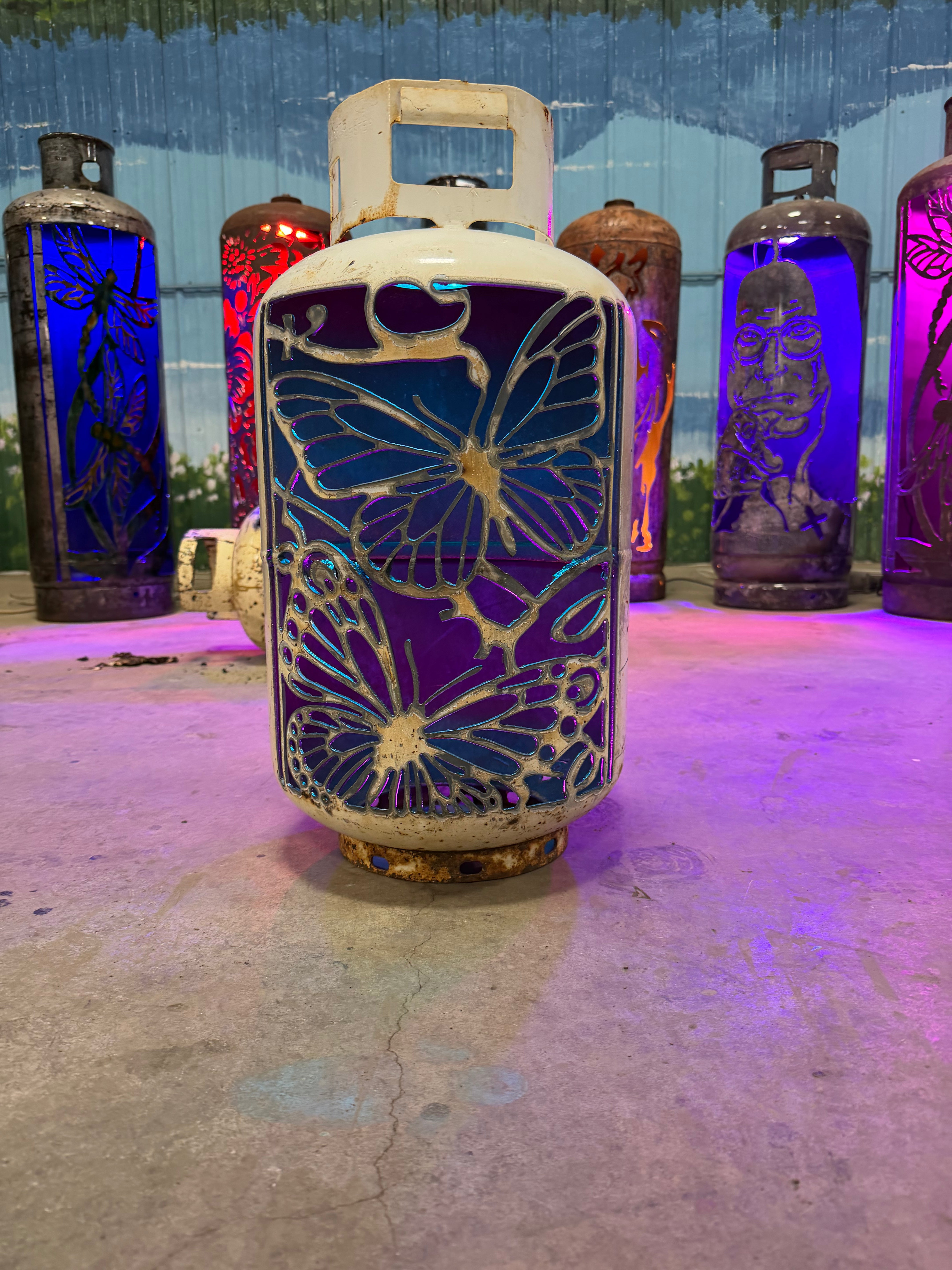 30lb Upcycled Patio Lantern, Mariposa 2 Butterfly Natural Finish