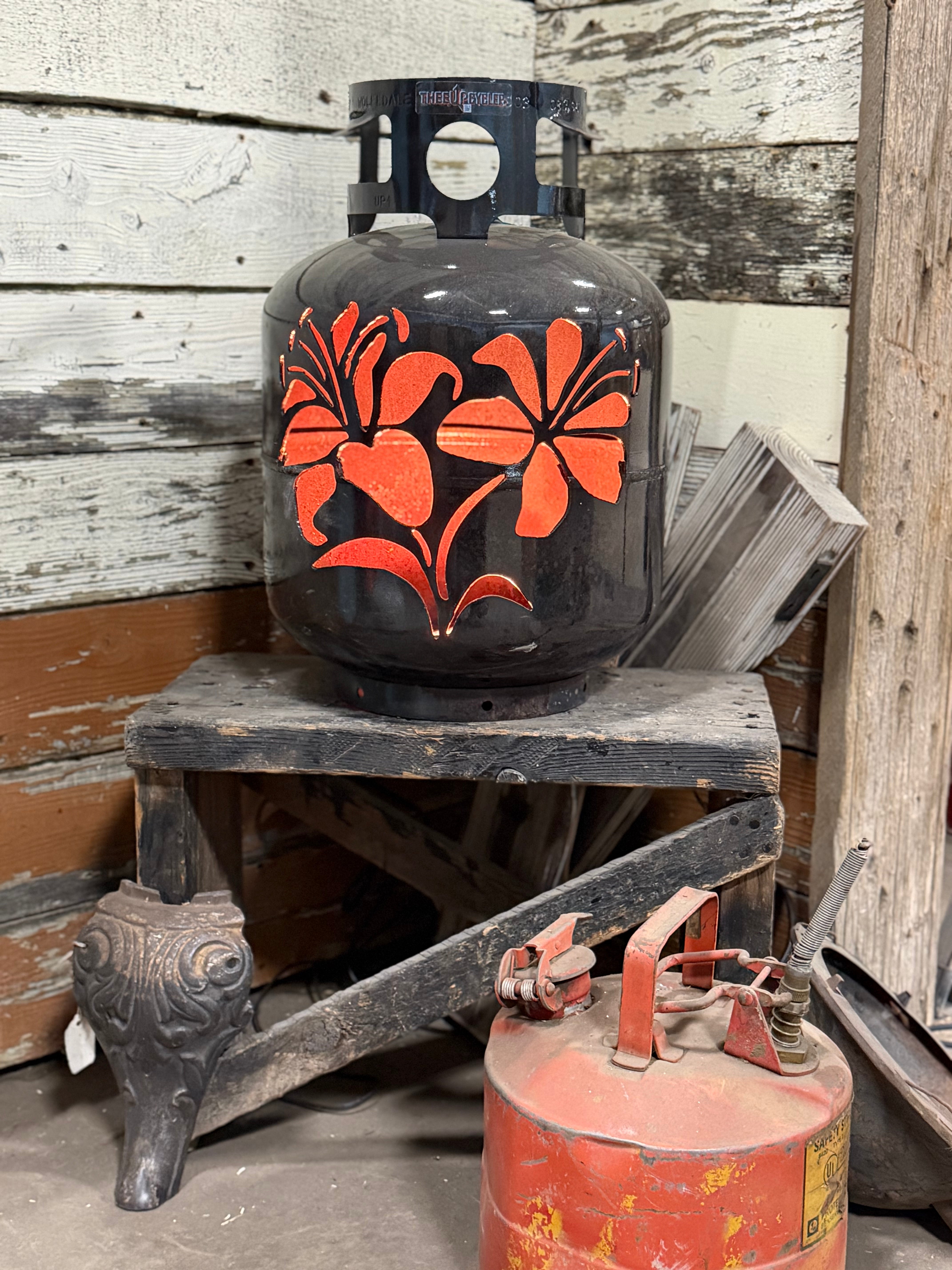 20lb Upcycled Patio Lantern, Tiger Lily Burnt Patina Finish