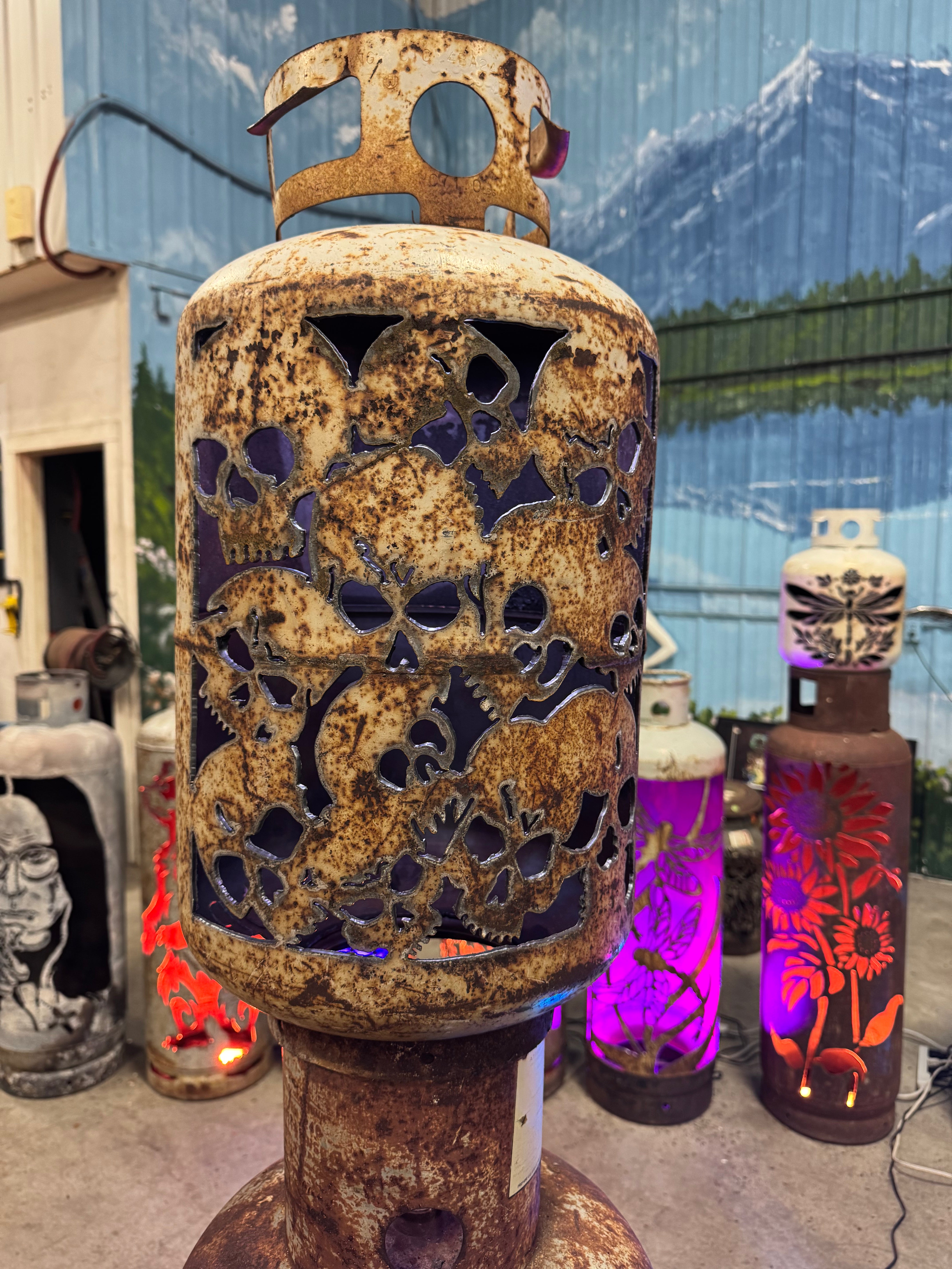 30lb Upcycled Patio Lantern, The Bone Yard Skulls Halloween