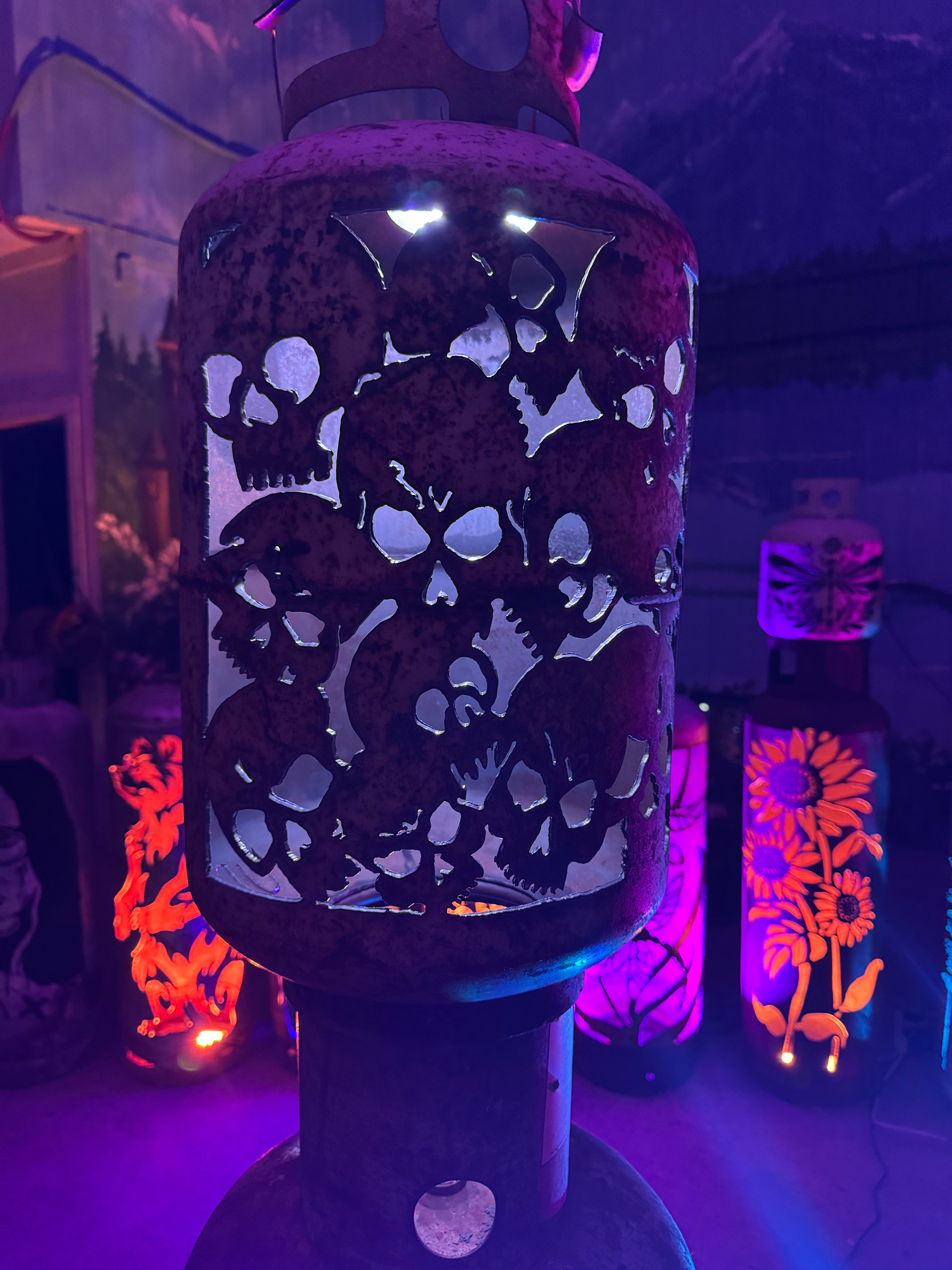 30lb Upcycled Patio Lantern, The Bone Yard Skulls Halloween