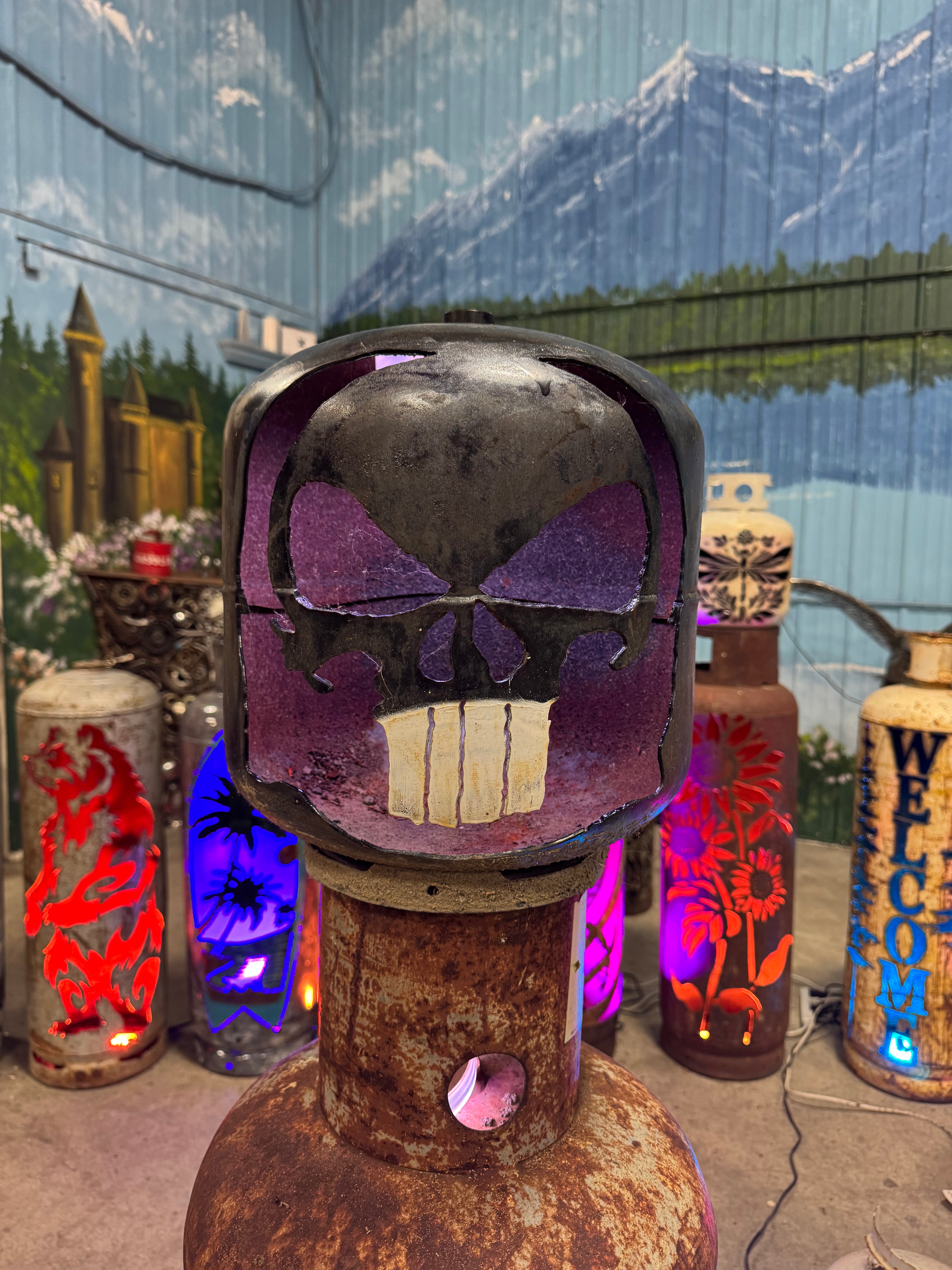 20lb Upcycled Patio Lantern, Punisher Skull Halloween