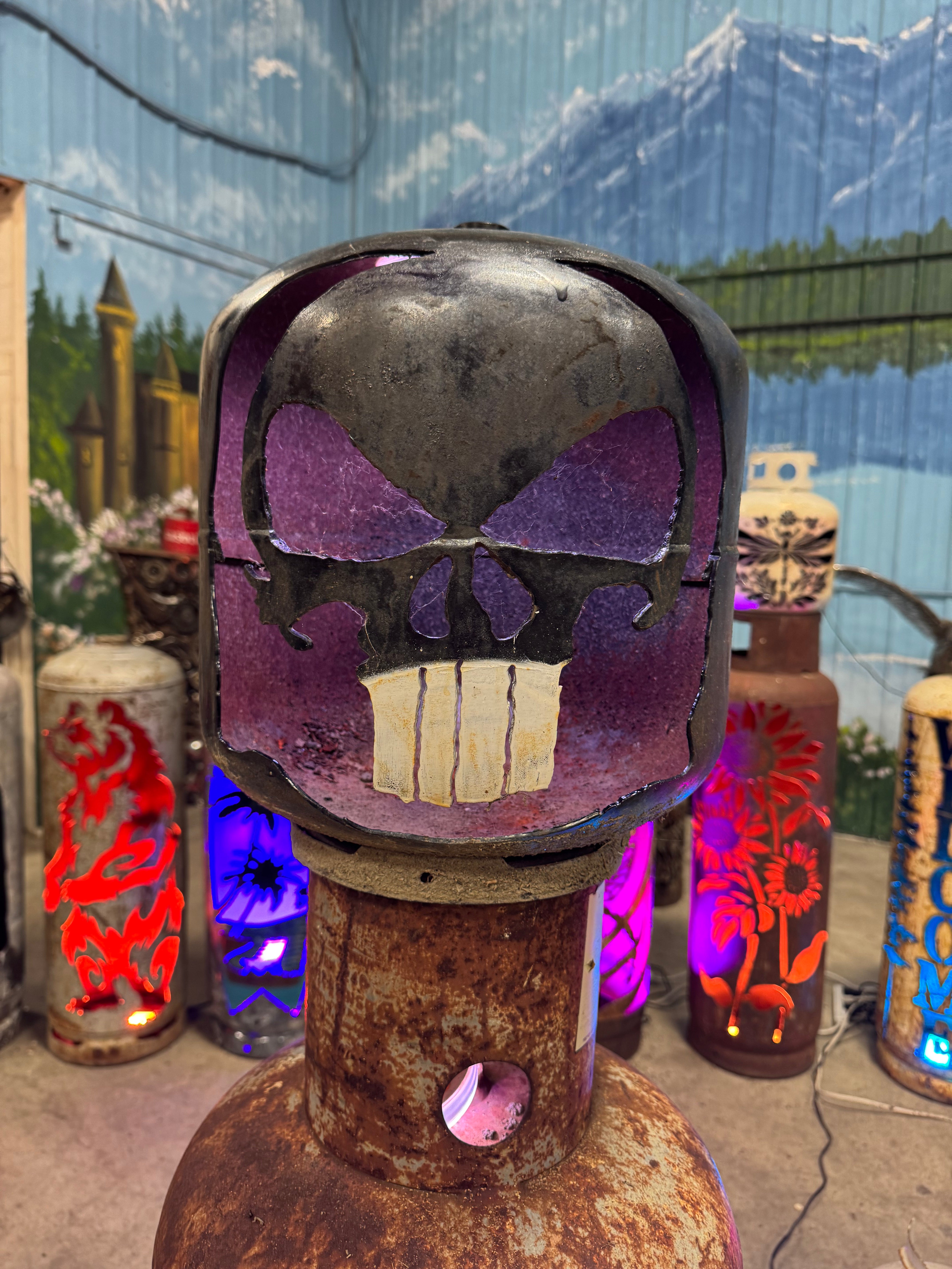 20lb Upcycled Patio Lantern, Punisher Skull Halloween