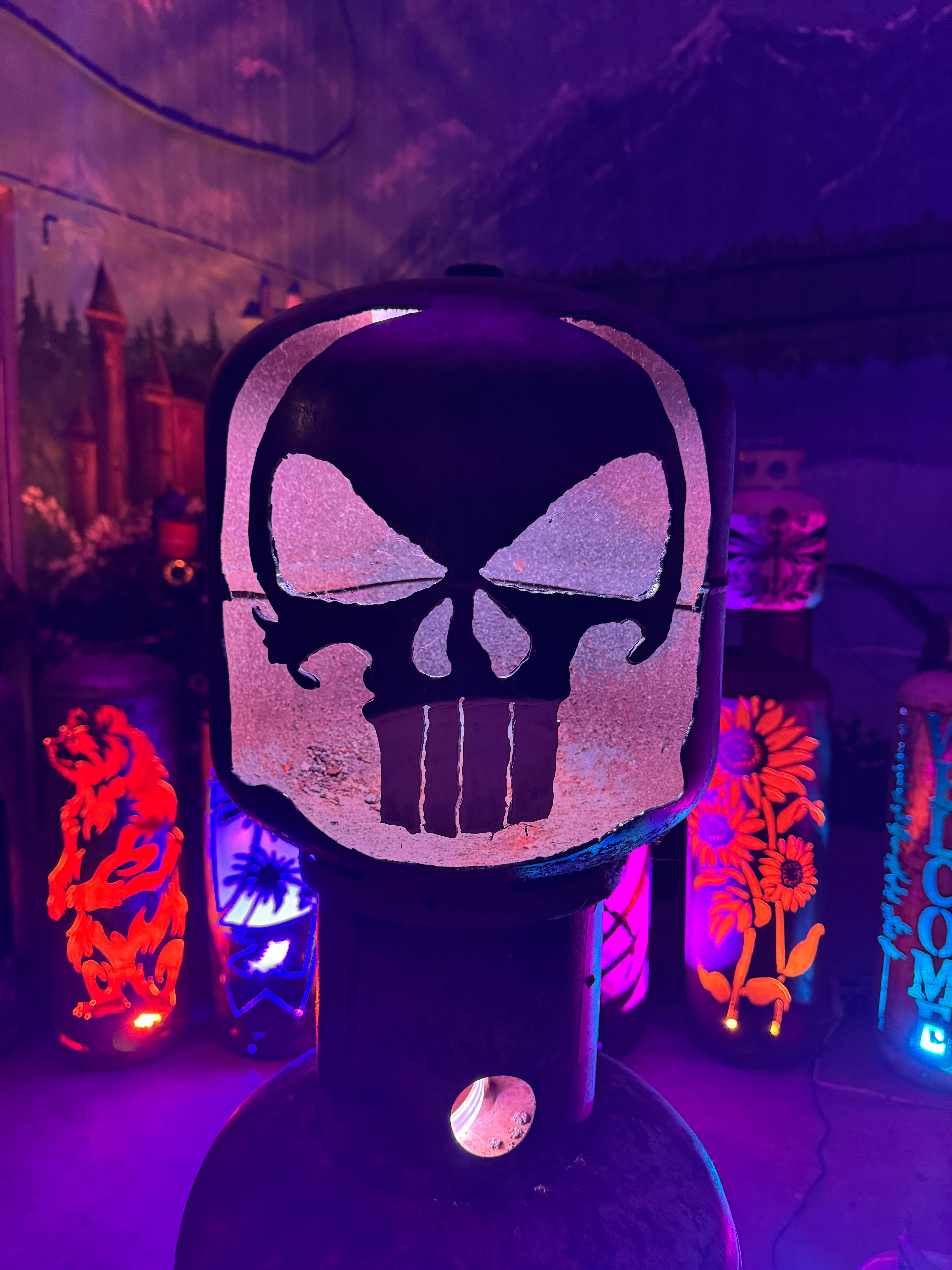 20lb Upcycled Patio Lantern, Punisher Skull Halloween