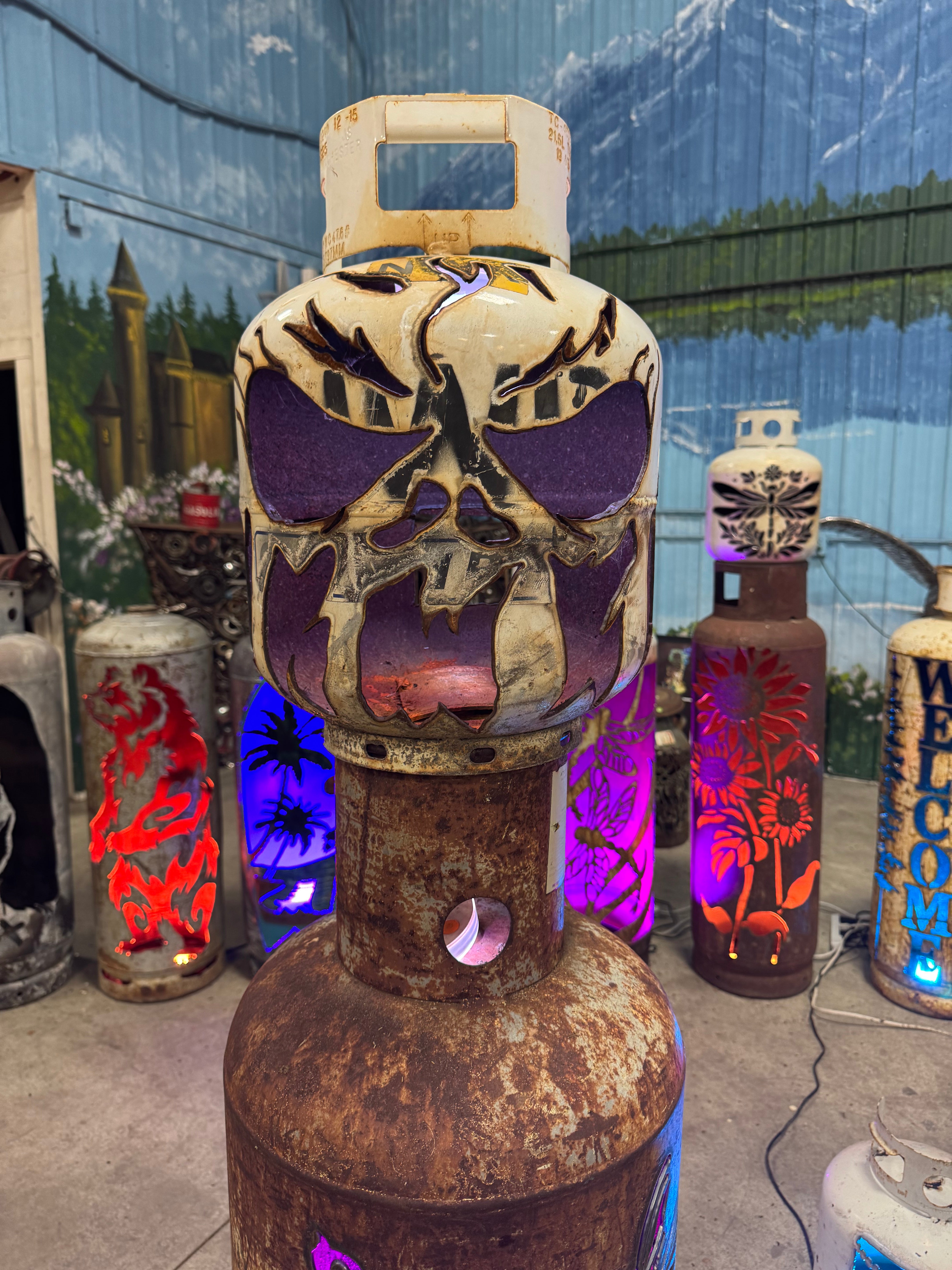 20lb Upcycled Patio Lantern, Inferno Skull Halloween