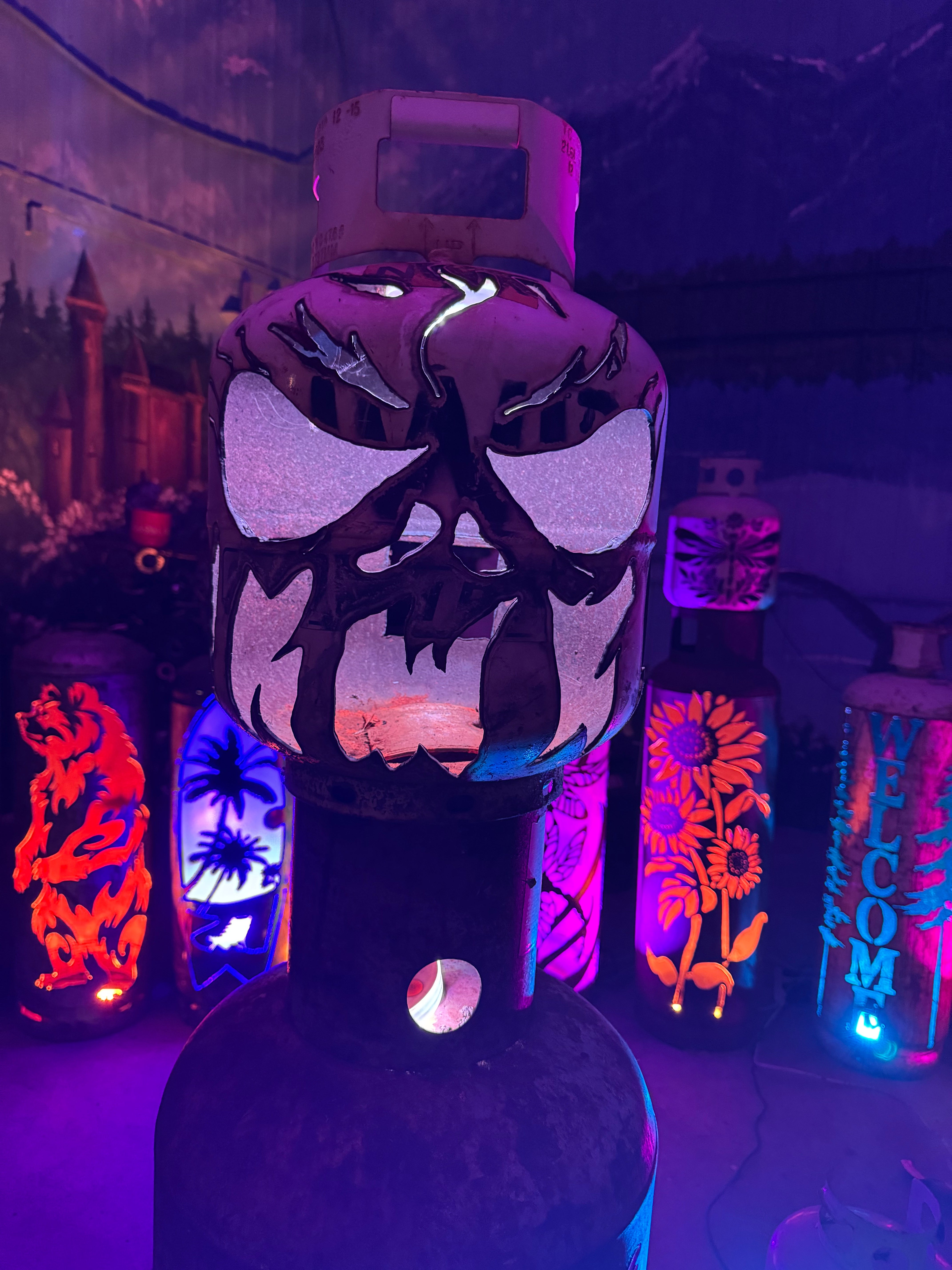 20lb Upcycled Patio Lantern, Inferno Skull Halloween
