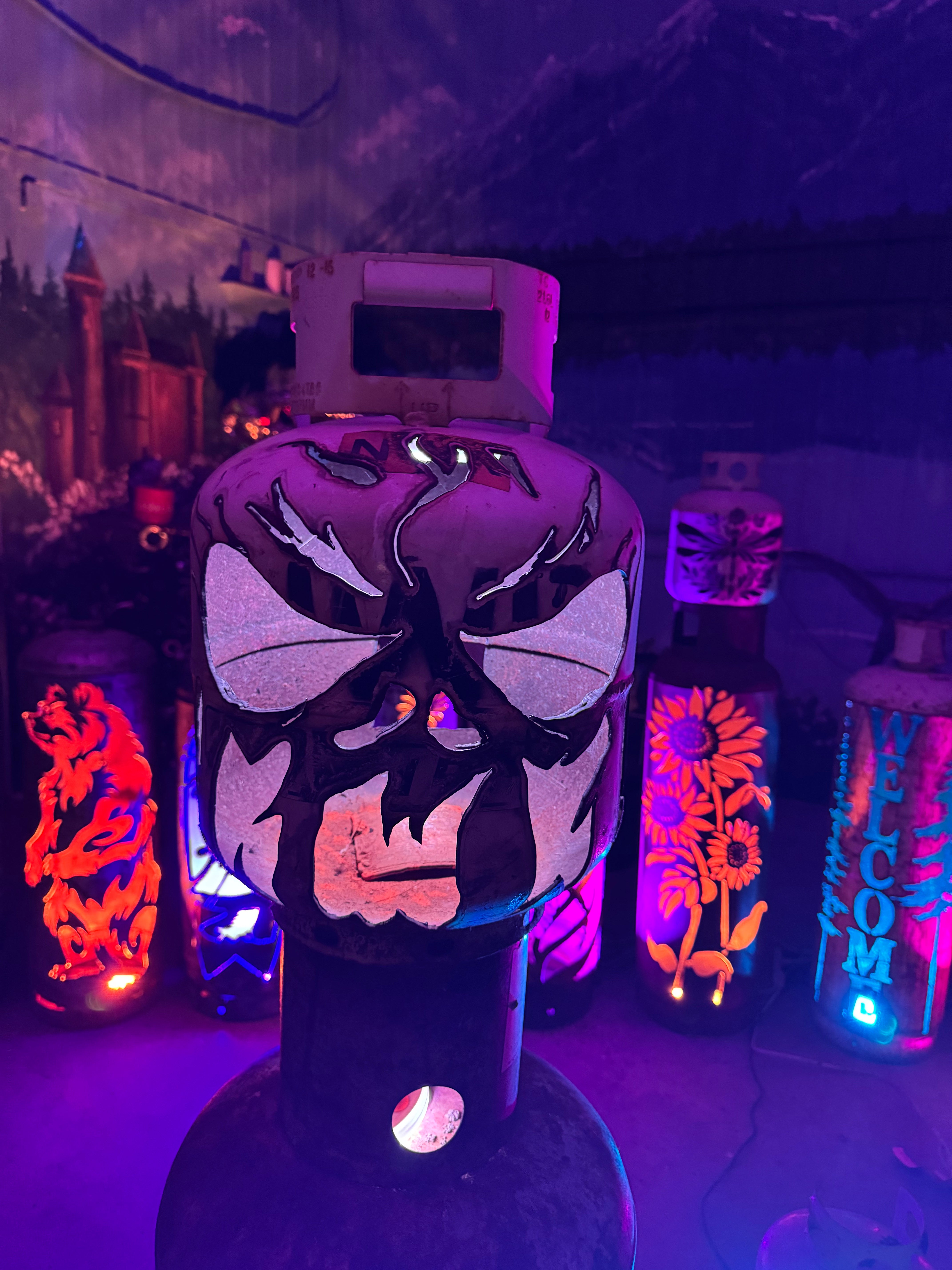 20lb Upcycled Patio Lantern, Inferno Skull Halloween