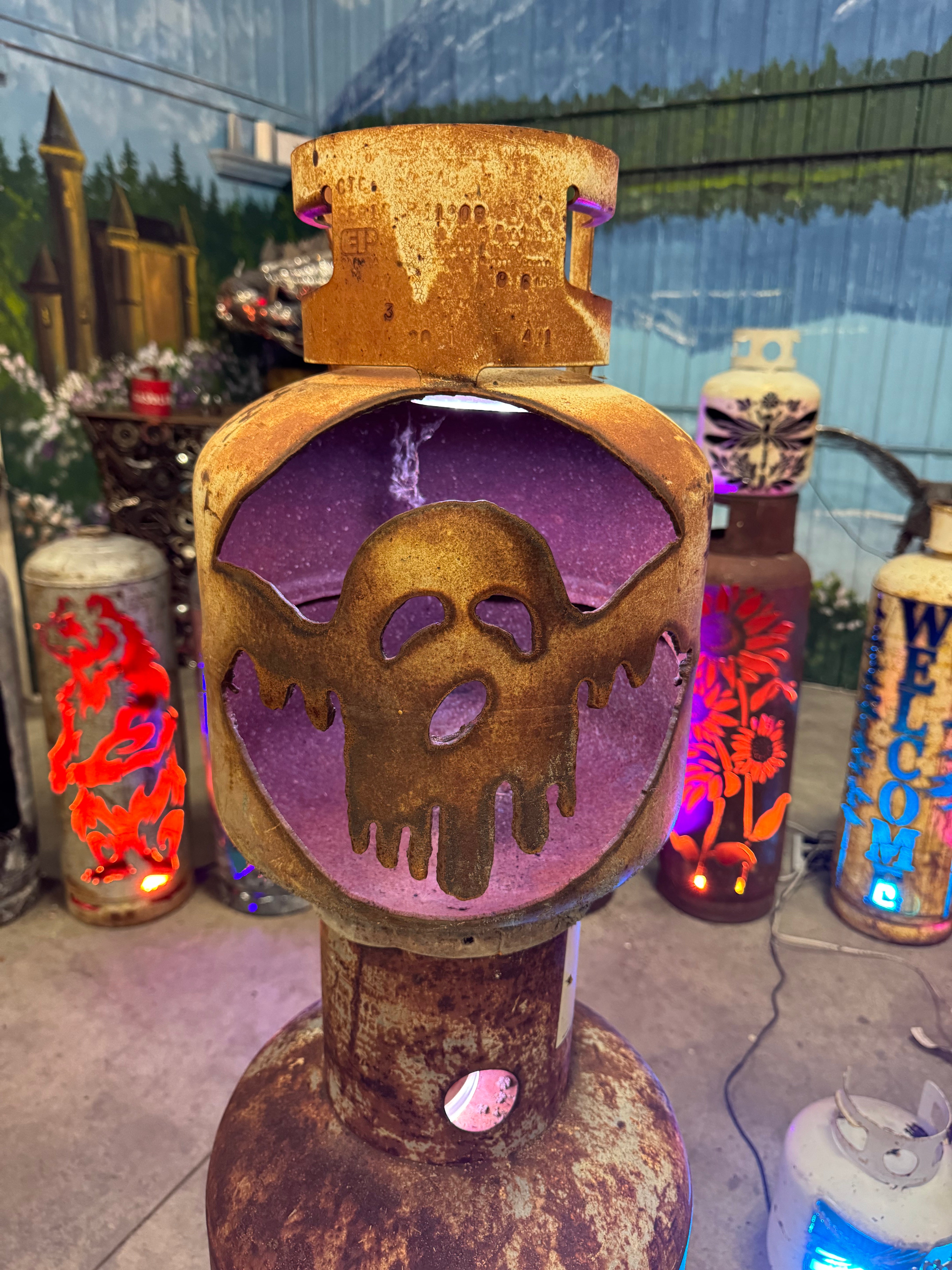 20lb Upcycled Patio Lantern, Ghostly Glow Halloween Natural Finish