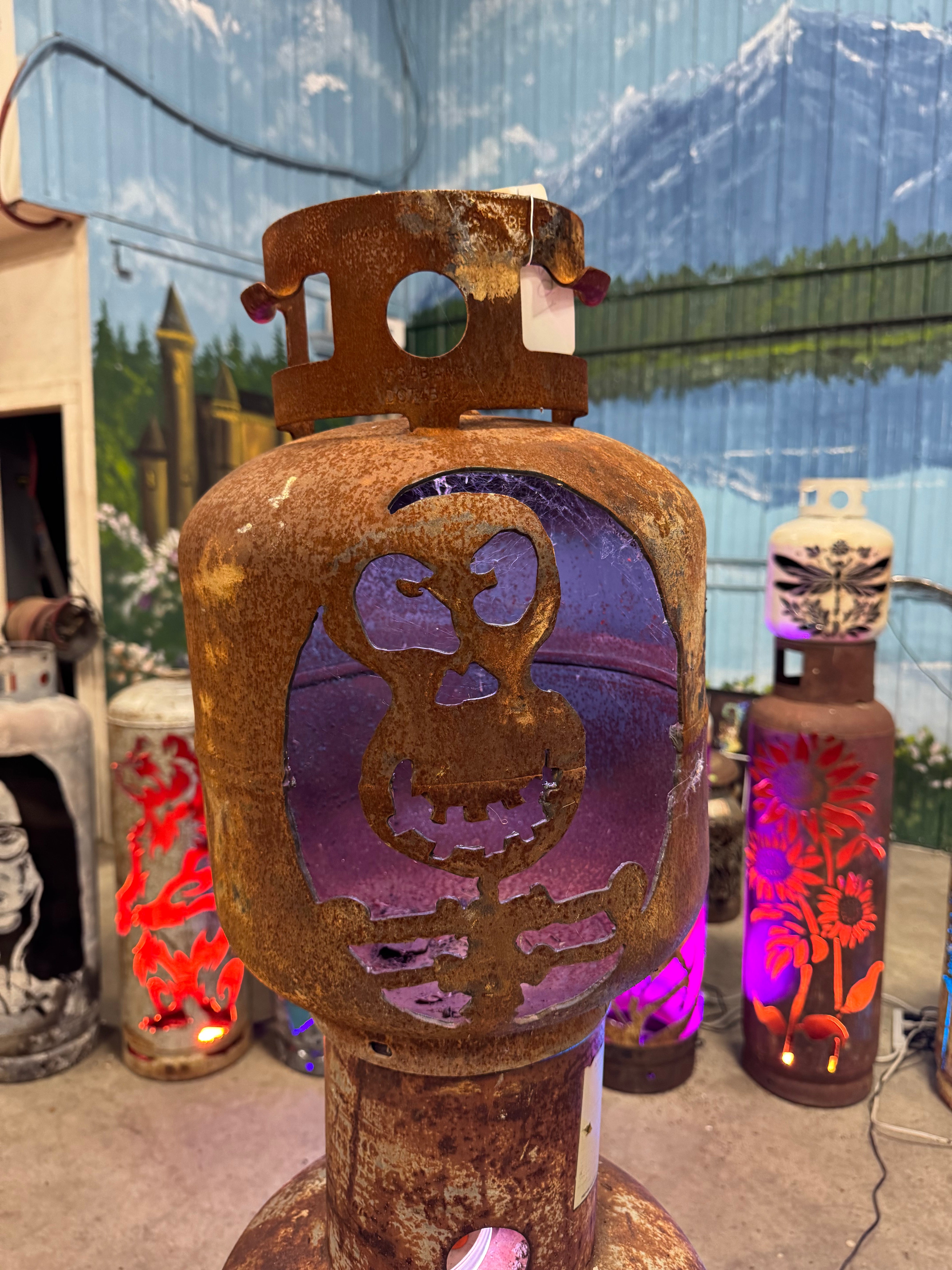 20lb Upcycled Patio Lantern, Rattlebones Halloween Natural Finish