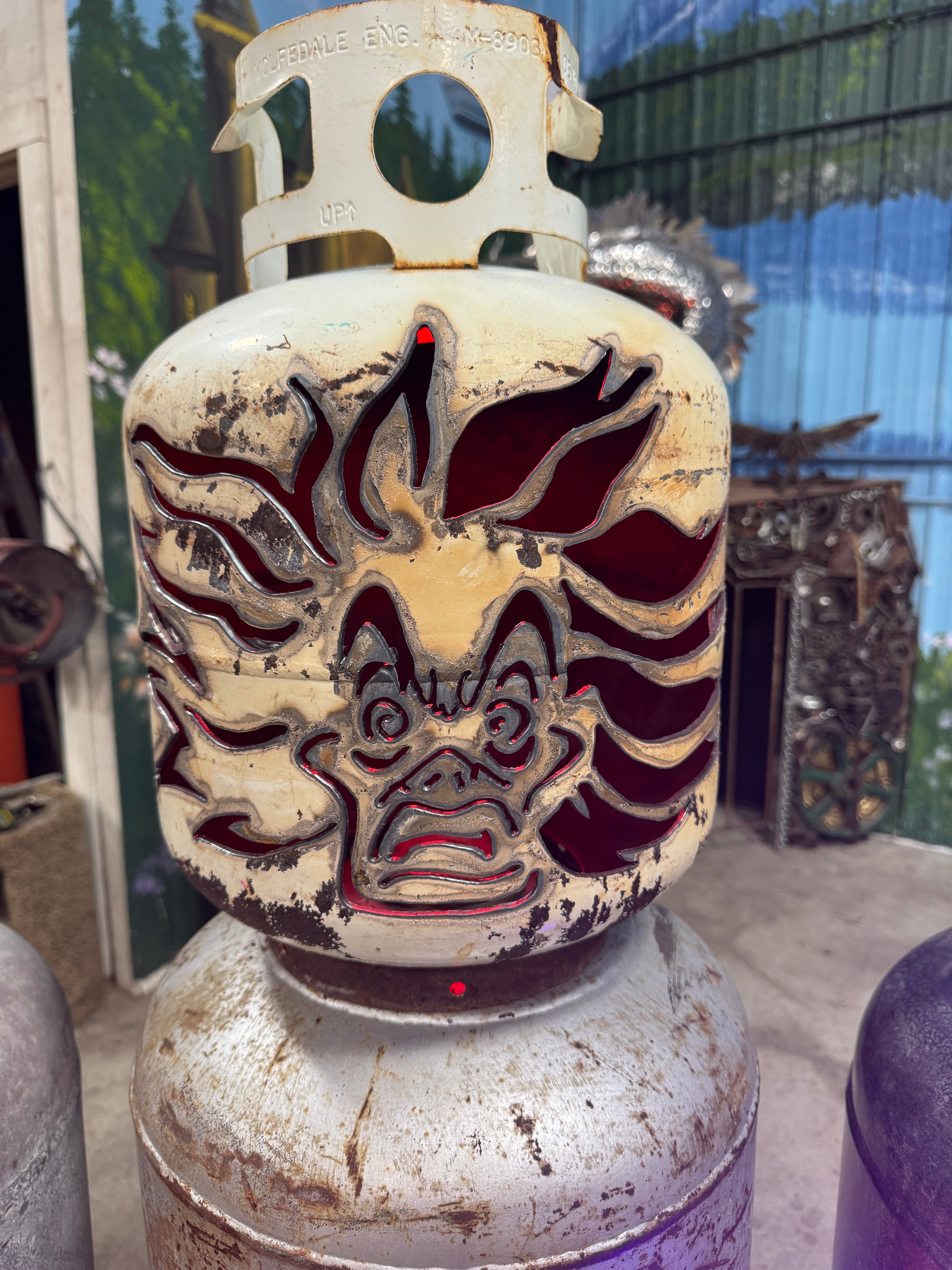 20lb Upcycled Patio Lantern, Cruella Deville Halloween Natural Finish