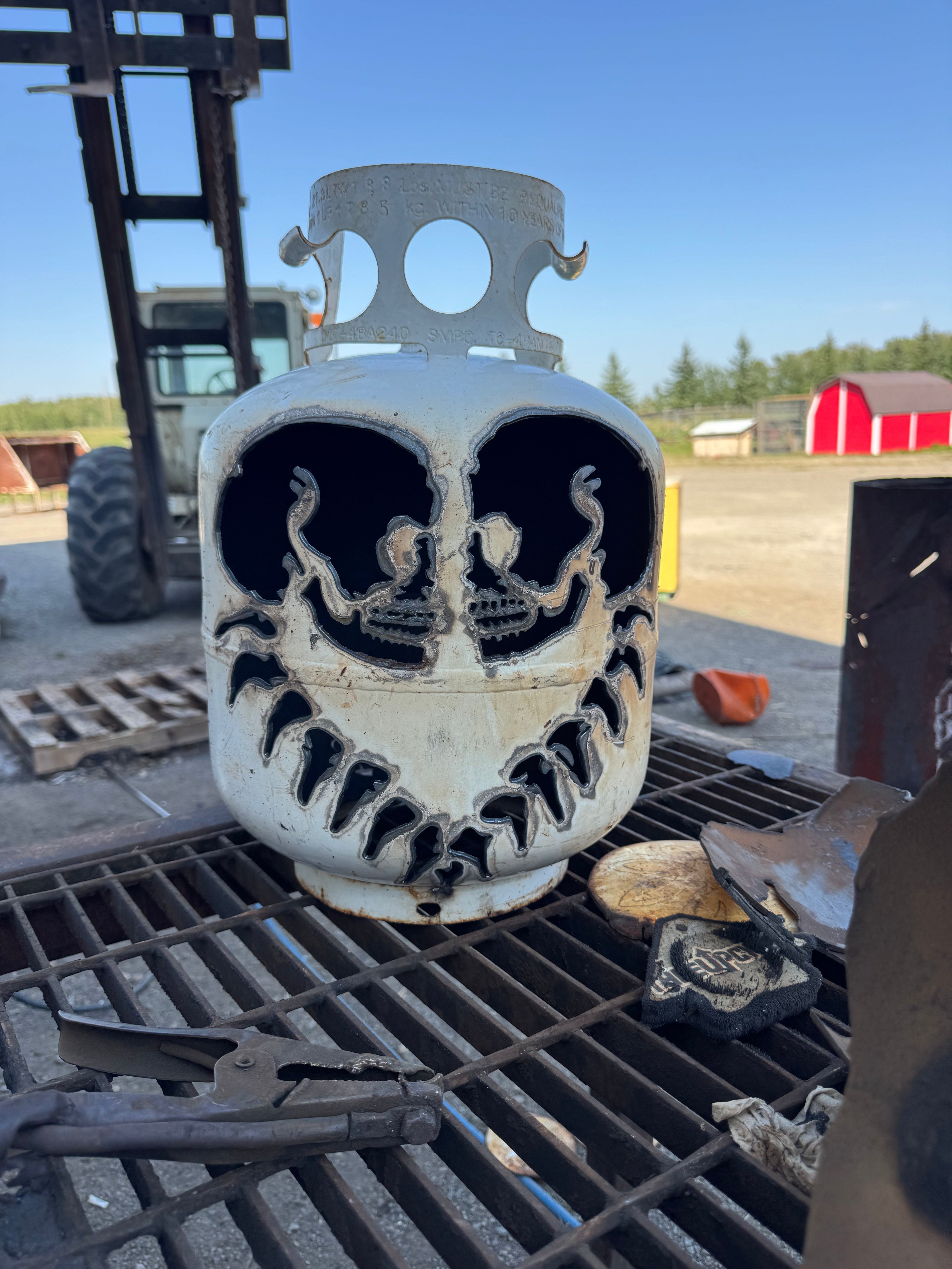 20lb Upcycled Patio Lantern, Bound in Bone Skull Halloween