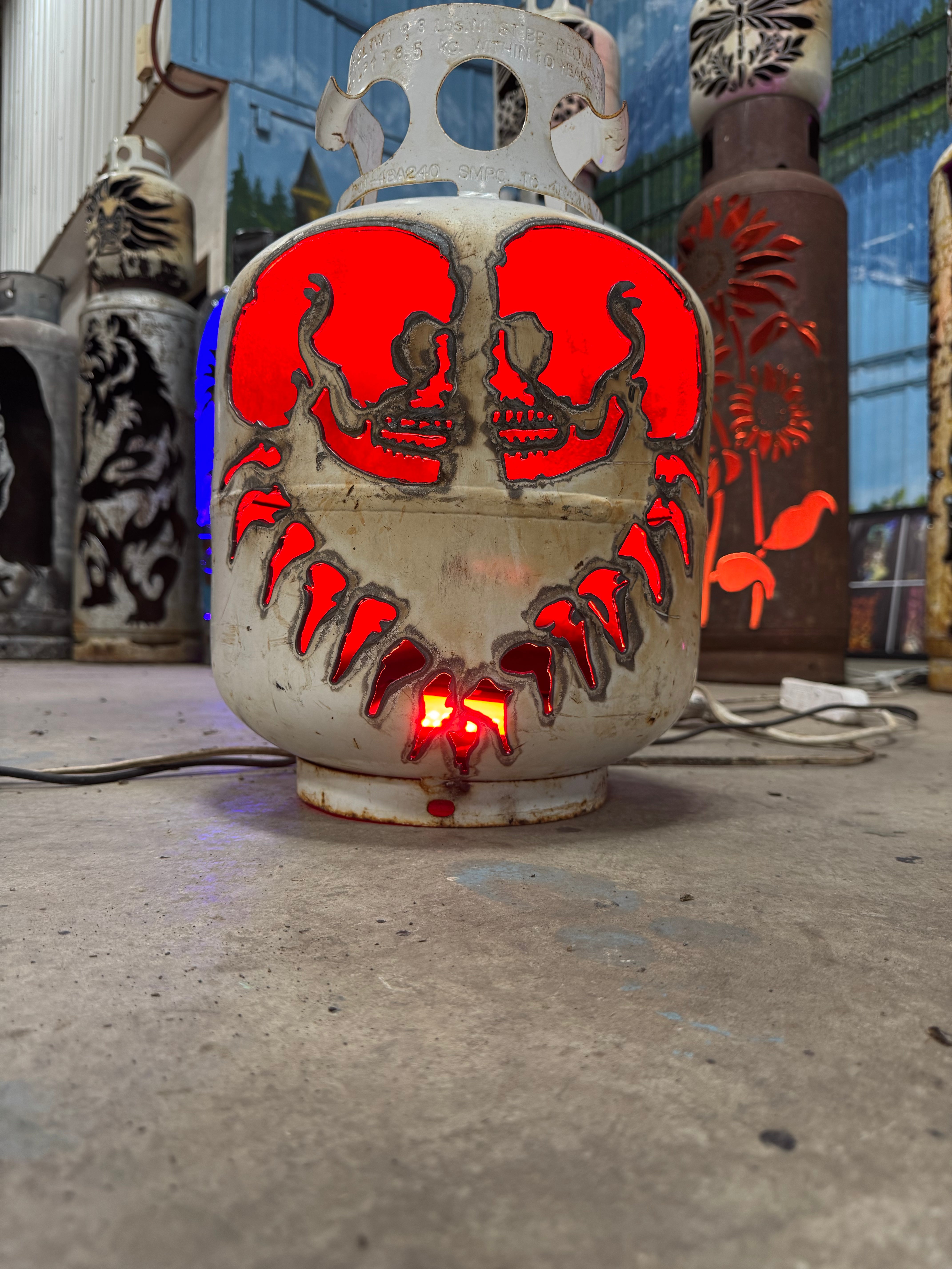 20lb Upcycled Patio Lantern, Bound in Bone Skull Halloween