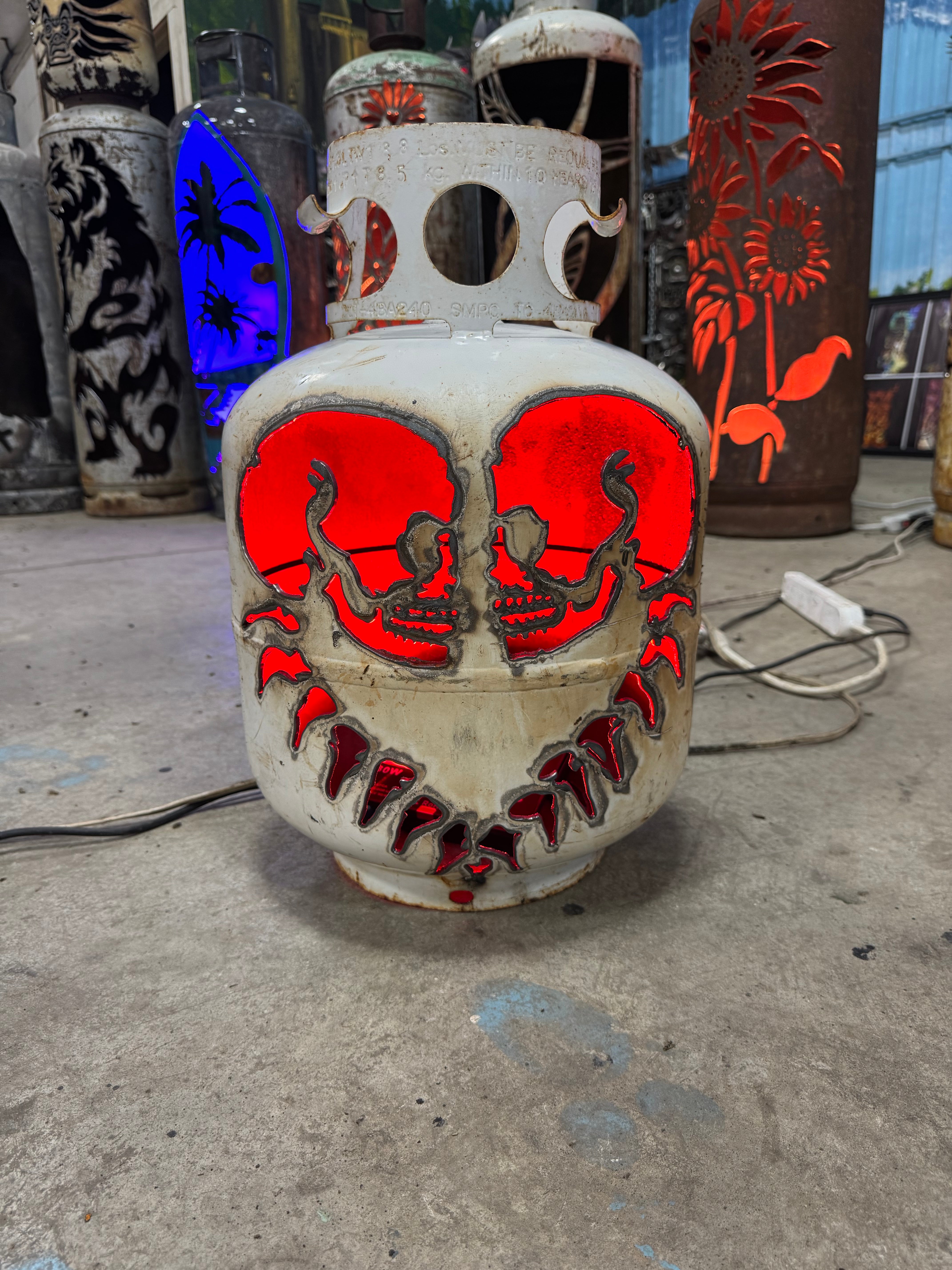20lb Upcycled Patio Lantern, Bound in Bone Skull Halloween Natural Finish