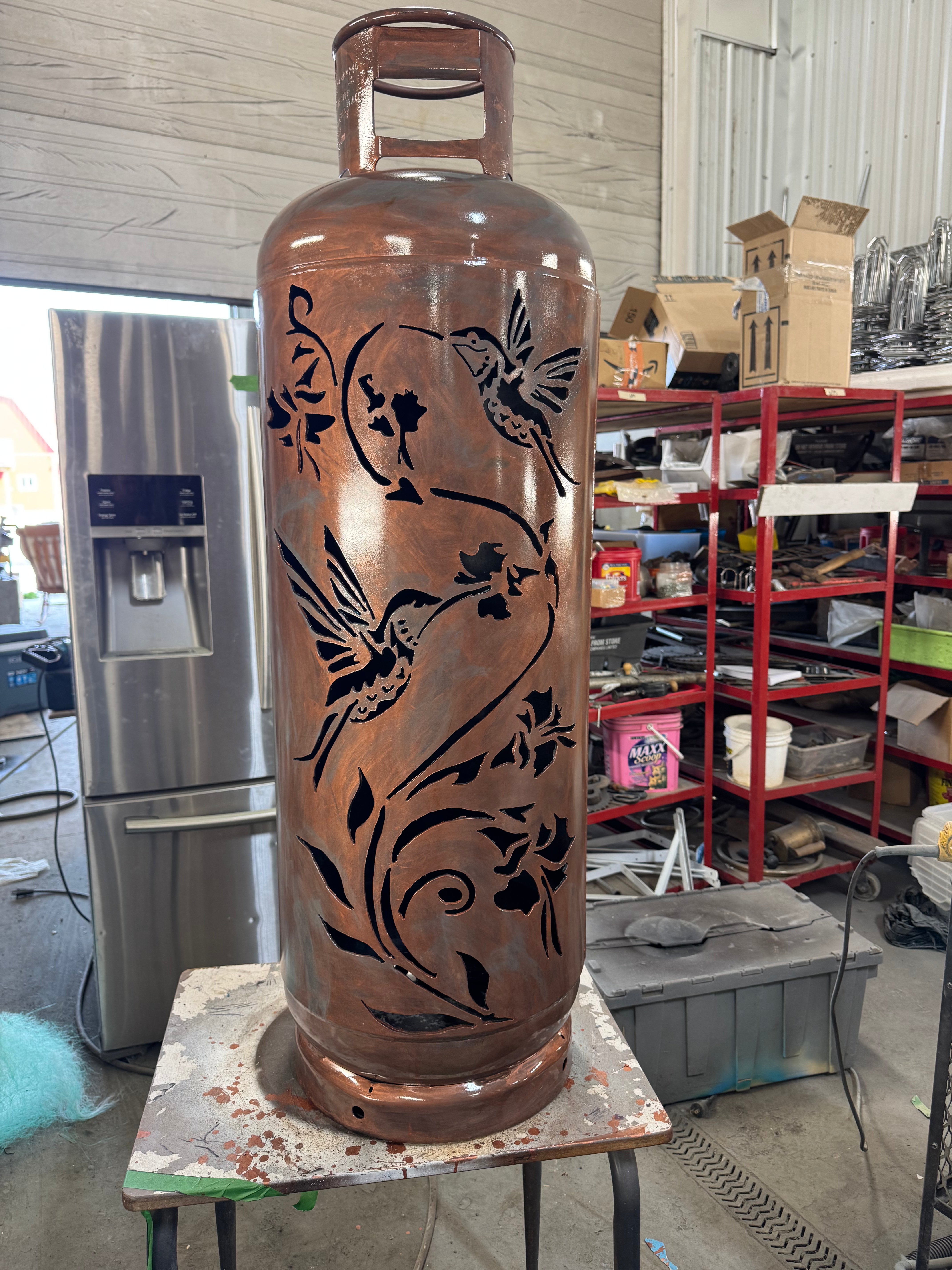 100lb Upcycled Patio Lantern, Hummingbirds Copper Blue Patina