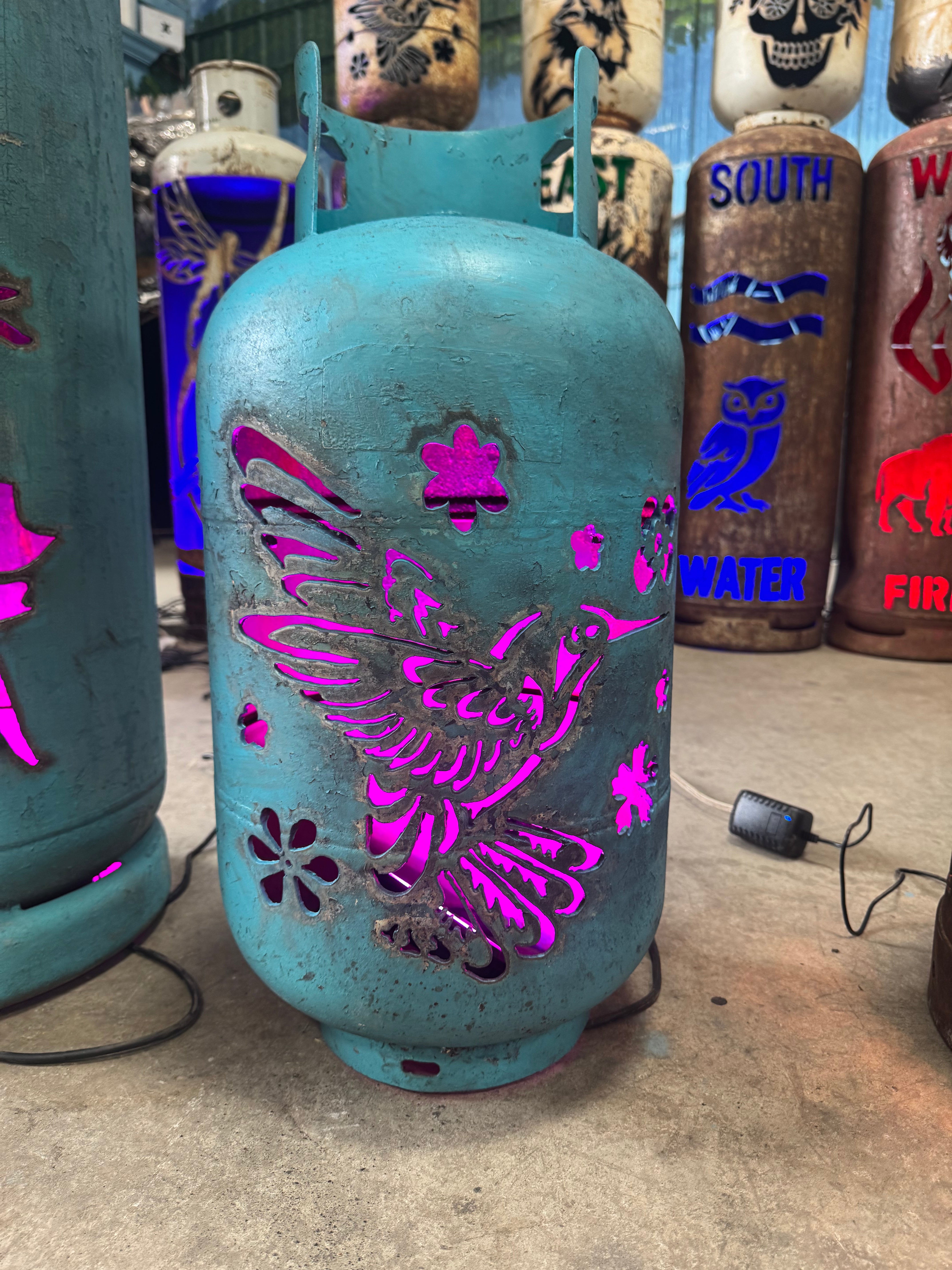 30lb Upcycled Patio Lantern, Hummingbird Blue Patina