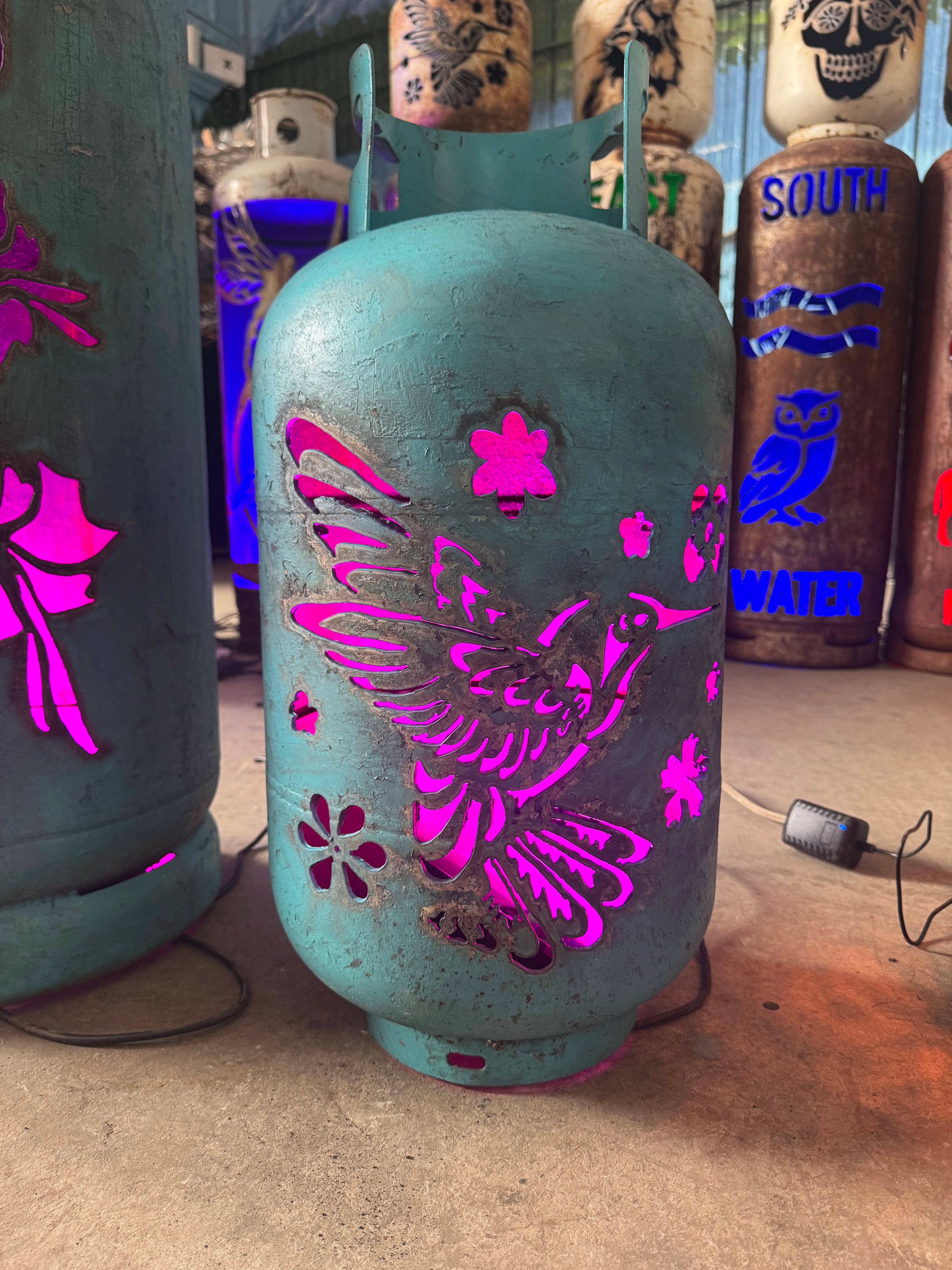 30lb Upcycled Patio Lantern, Hummingbird Blue Patina