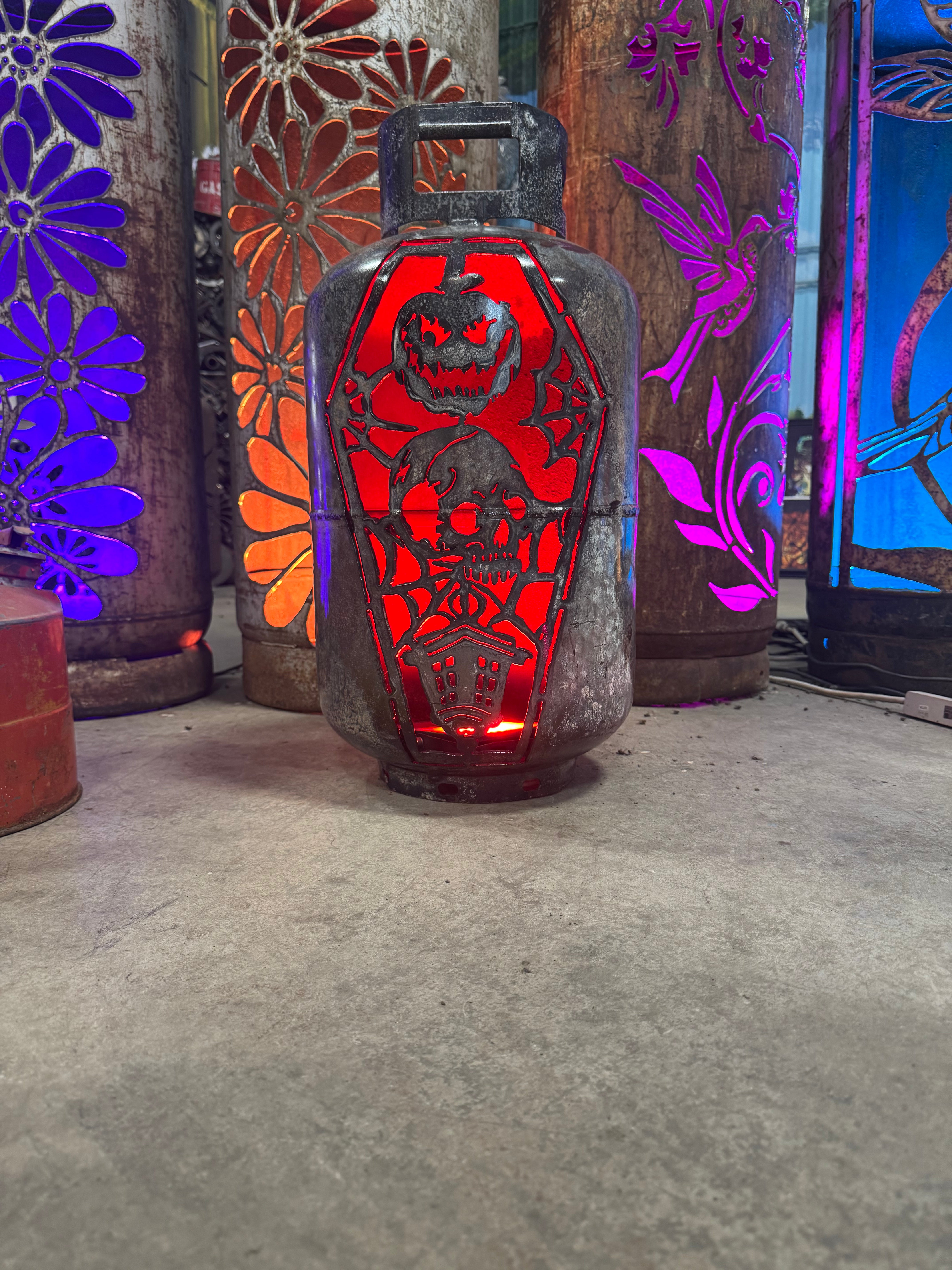 30lb Upcycled Patio Lantern, Halloween Casket Skull Burnt Patina