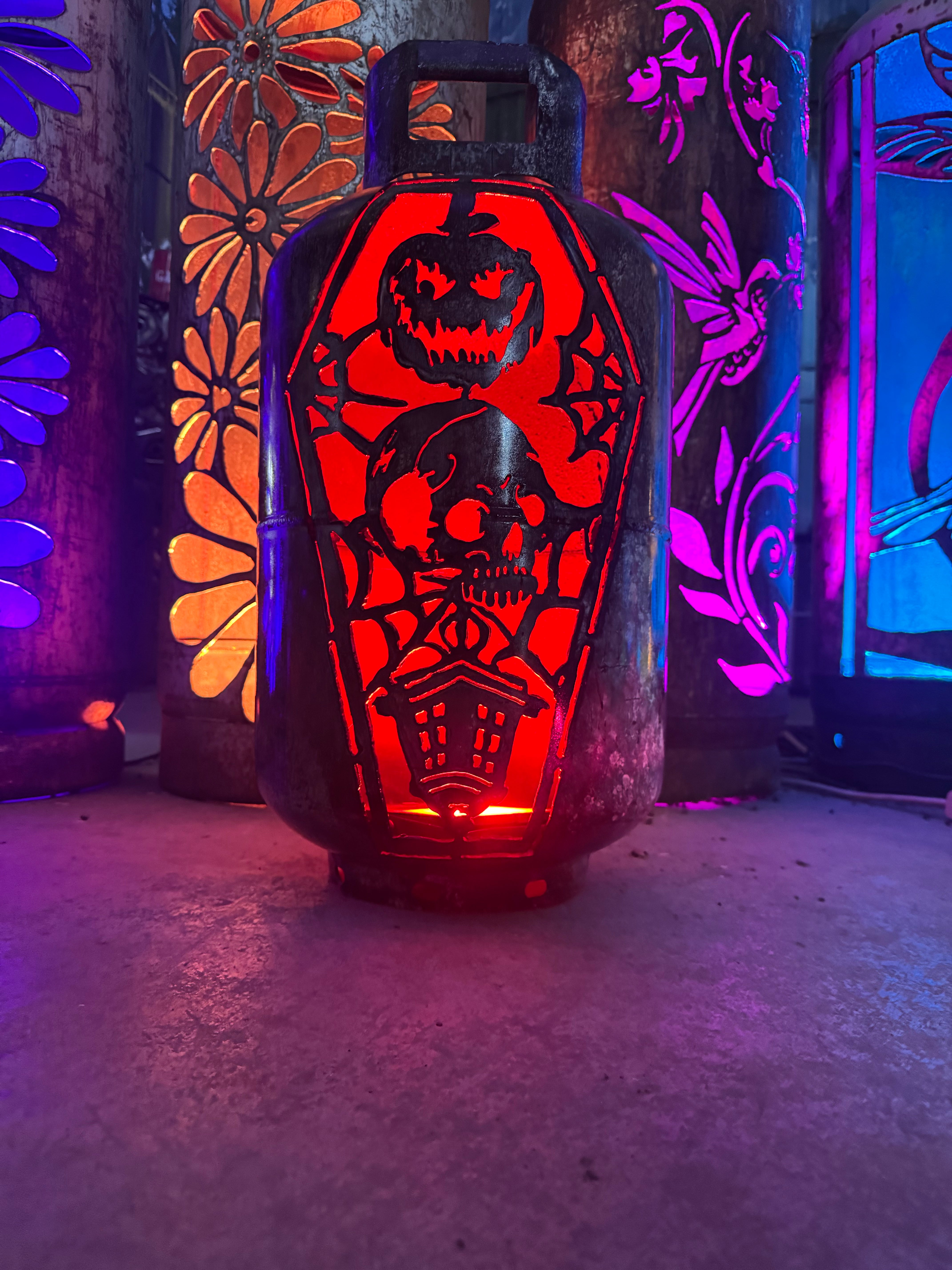 30lb Upcycled Patio Lantern, Halloween Casket Skull Burnt Patina