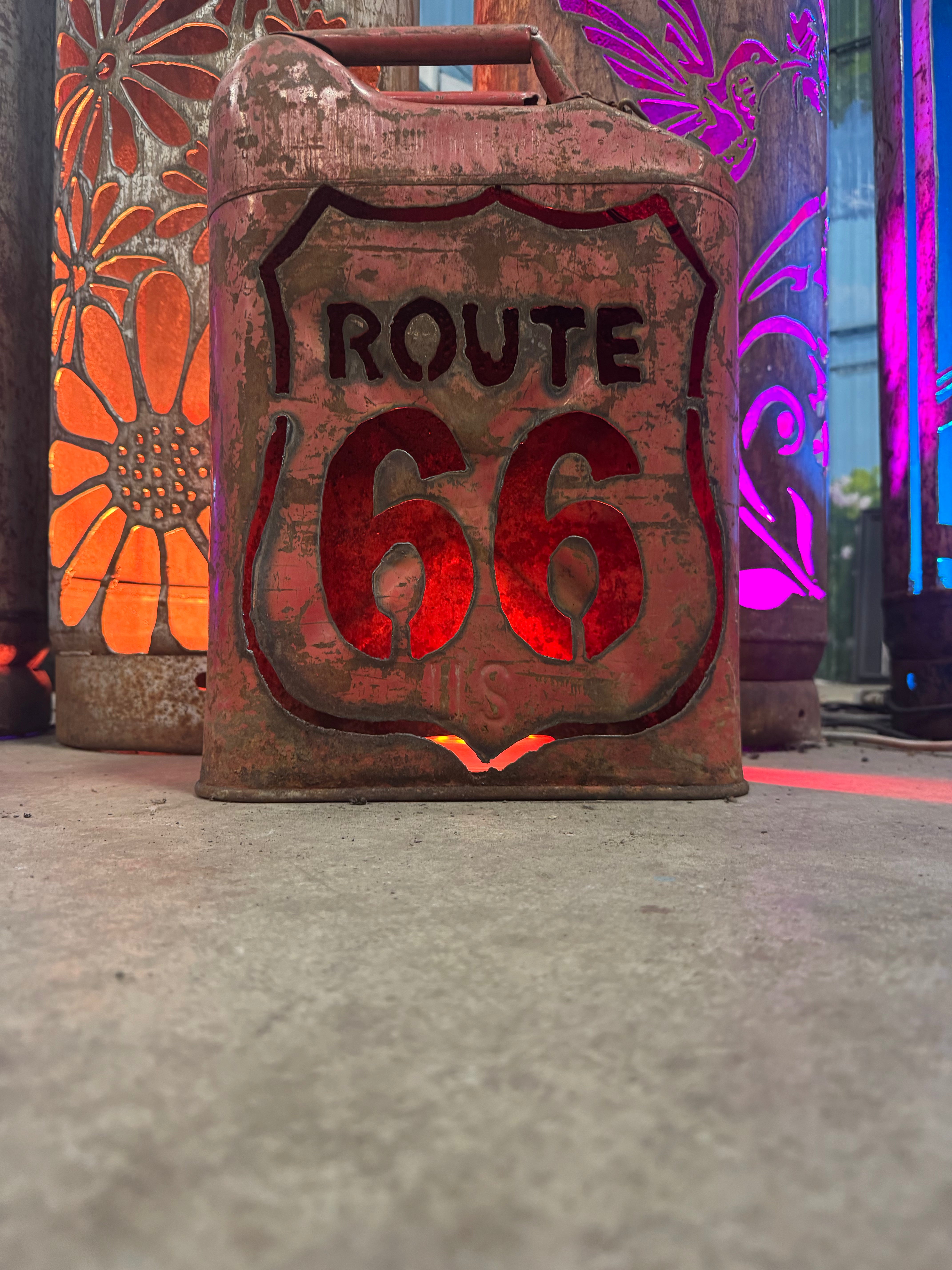30lb Upcycled Patio Lantern, Route 66 Gas Can