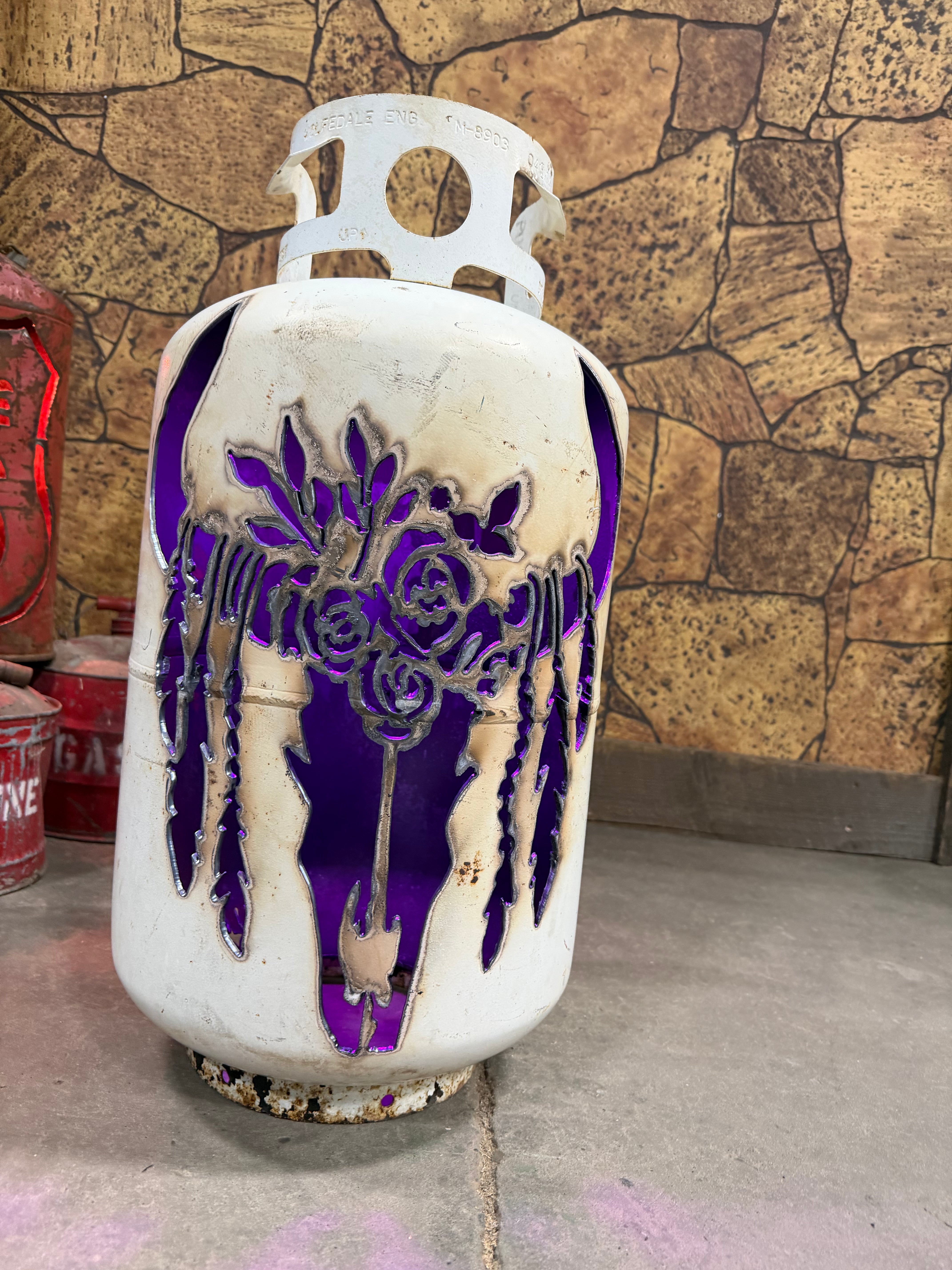 30lb Upcycled Patio Lantern, Dusty Floral Skull and Horns