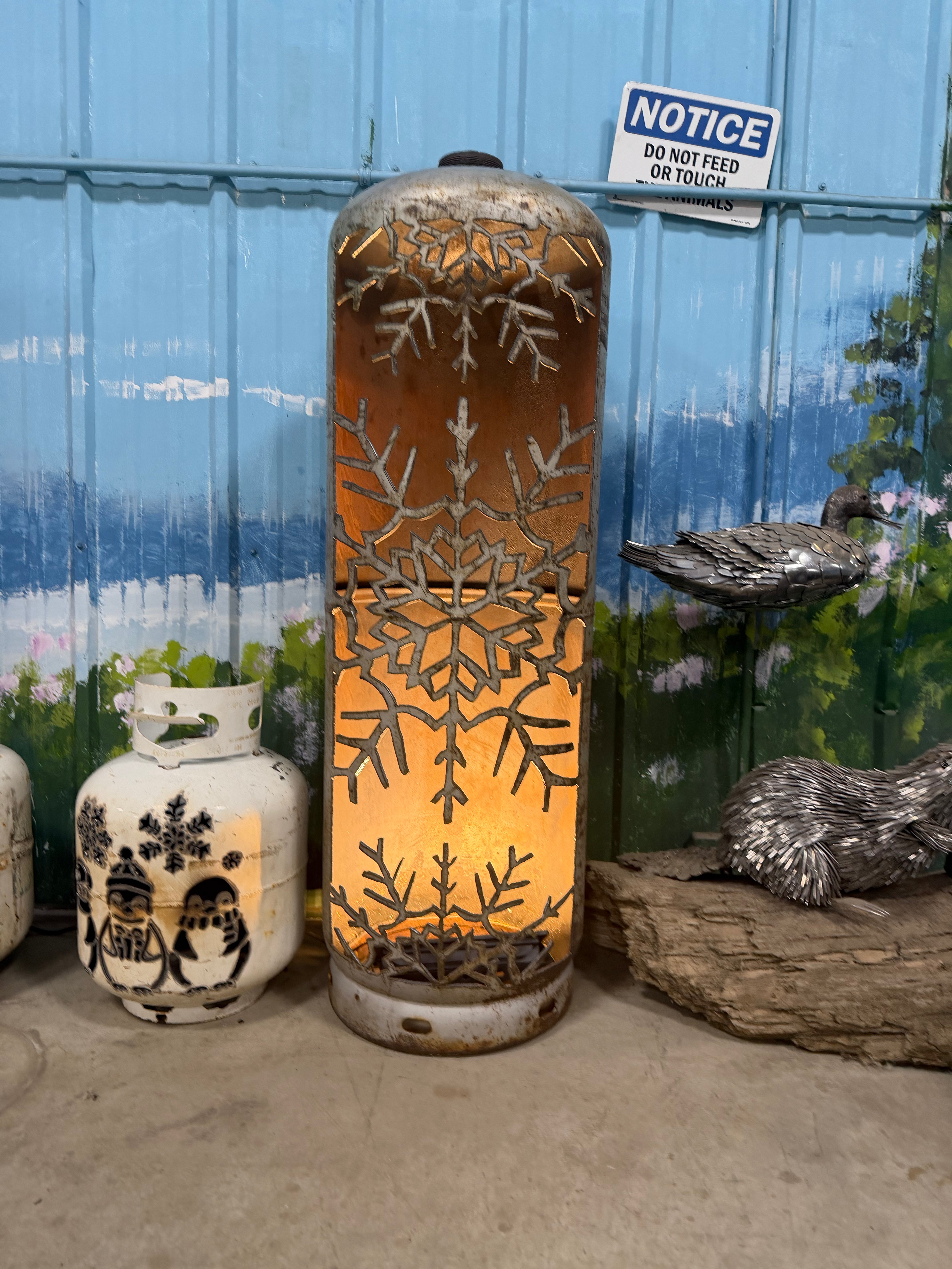 100lb Upcycled Patio Lantern, Snowflakes Patina