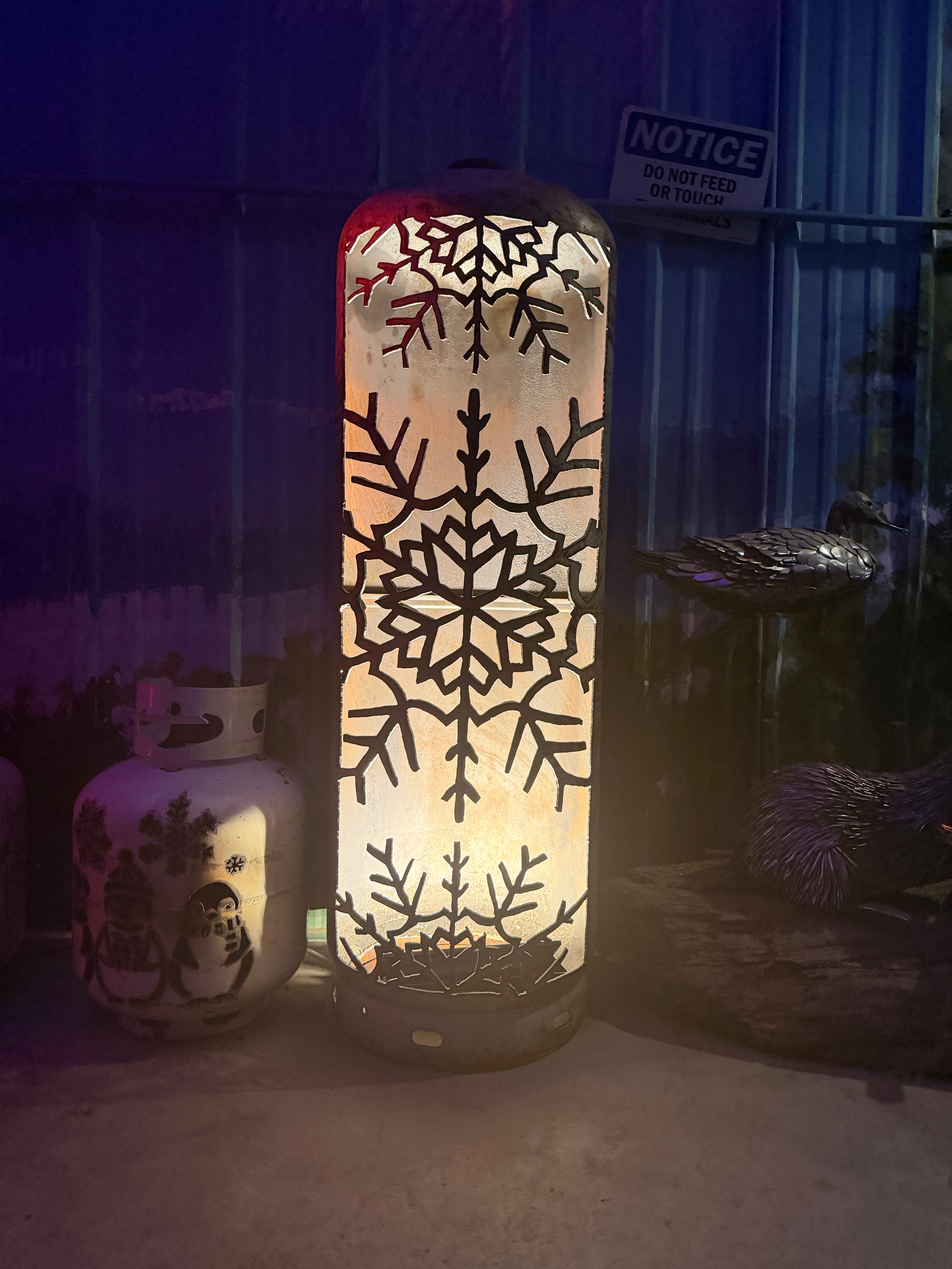 100lb Upcycled Patio Lantern, Snowflakes Patina