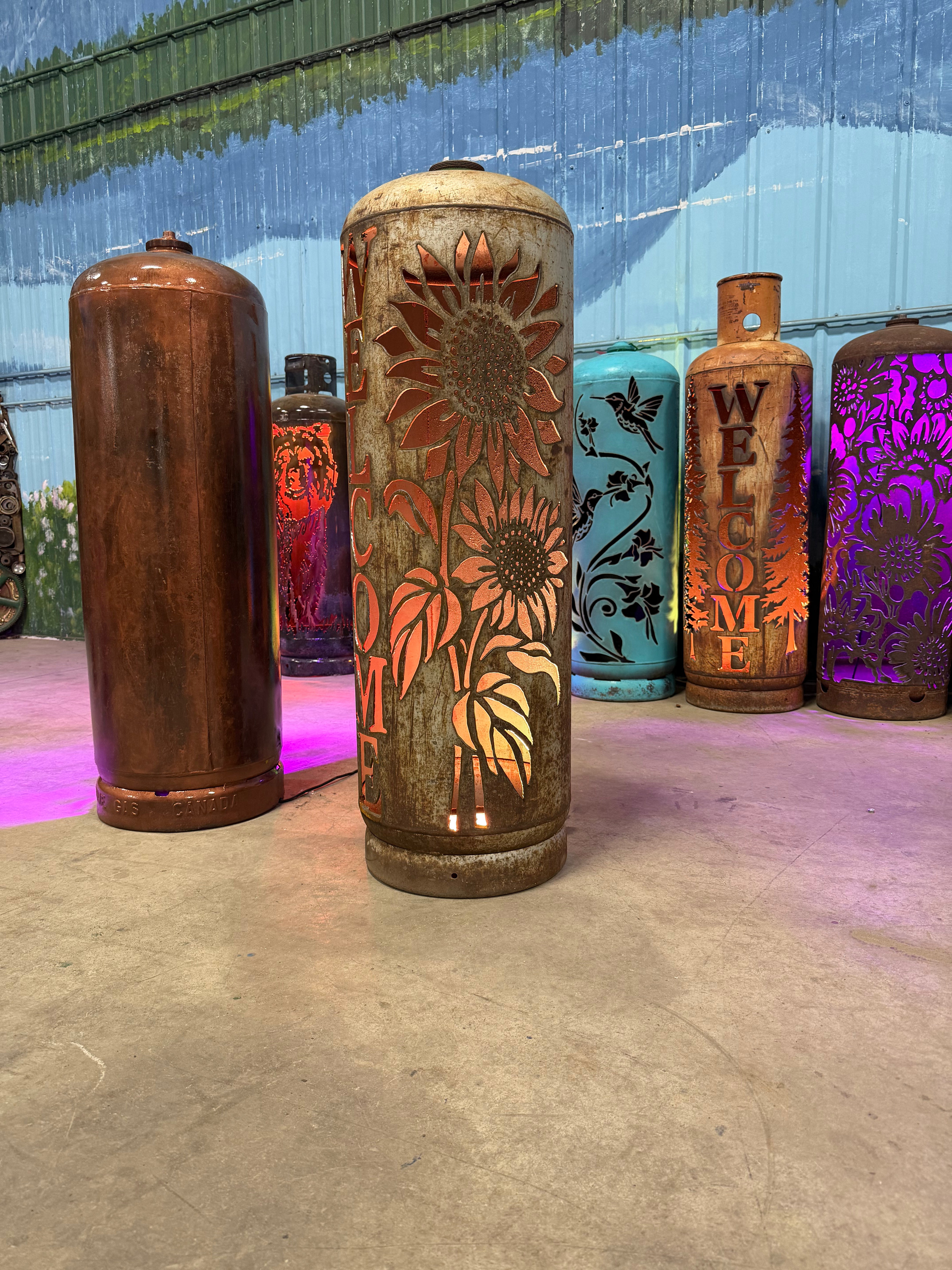 100lb Upcycled Patio Lantern, Welcome 2 Sunflower