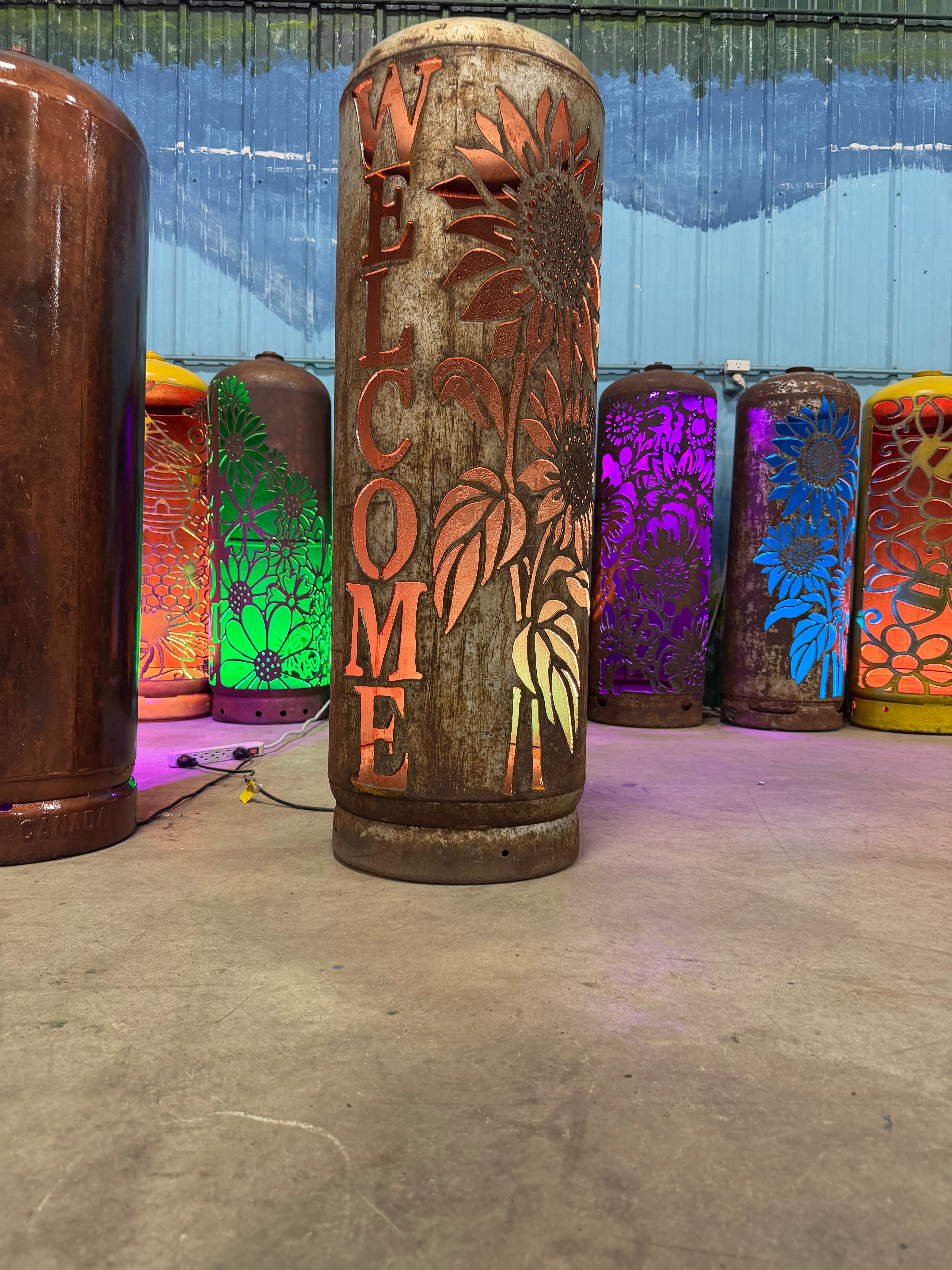 100lb Upcycled Patio Lantern, Welcome 2 Sunflower