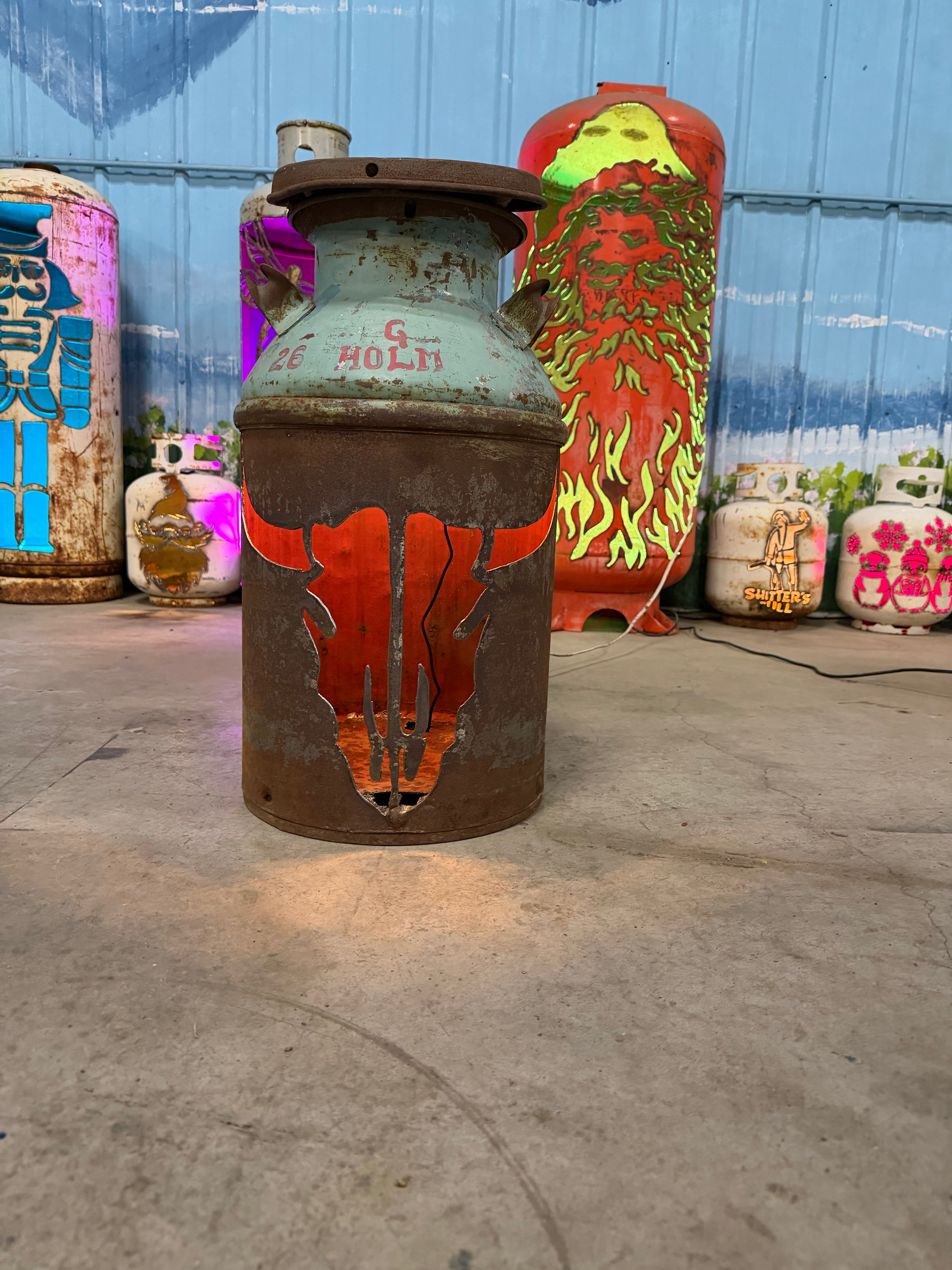 Cream Can Upcycled Patio Lantern, Cow Buffalo Skulll