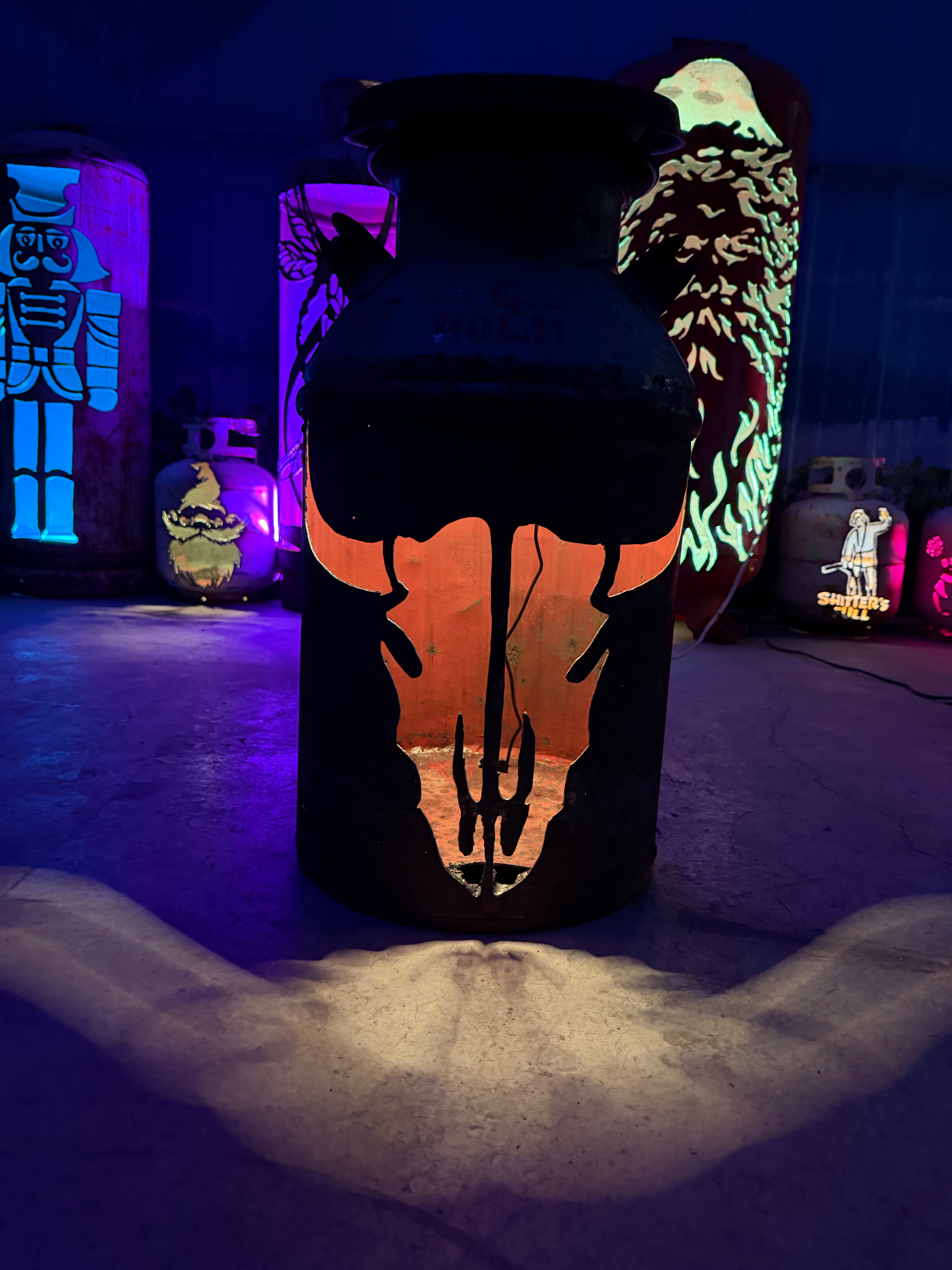 Cream Can Upcycled Patio Lantern, Cow Buffalo Skulll