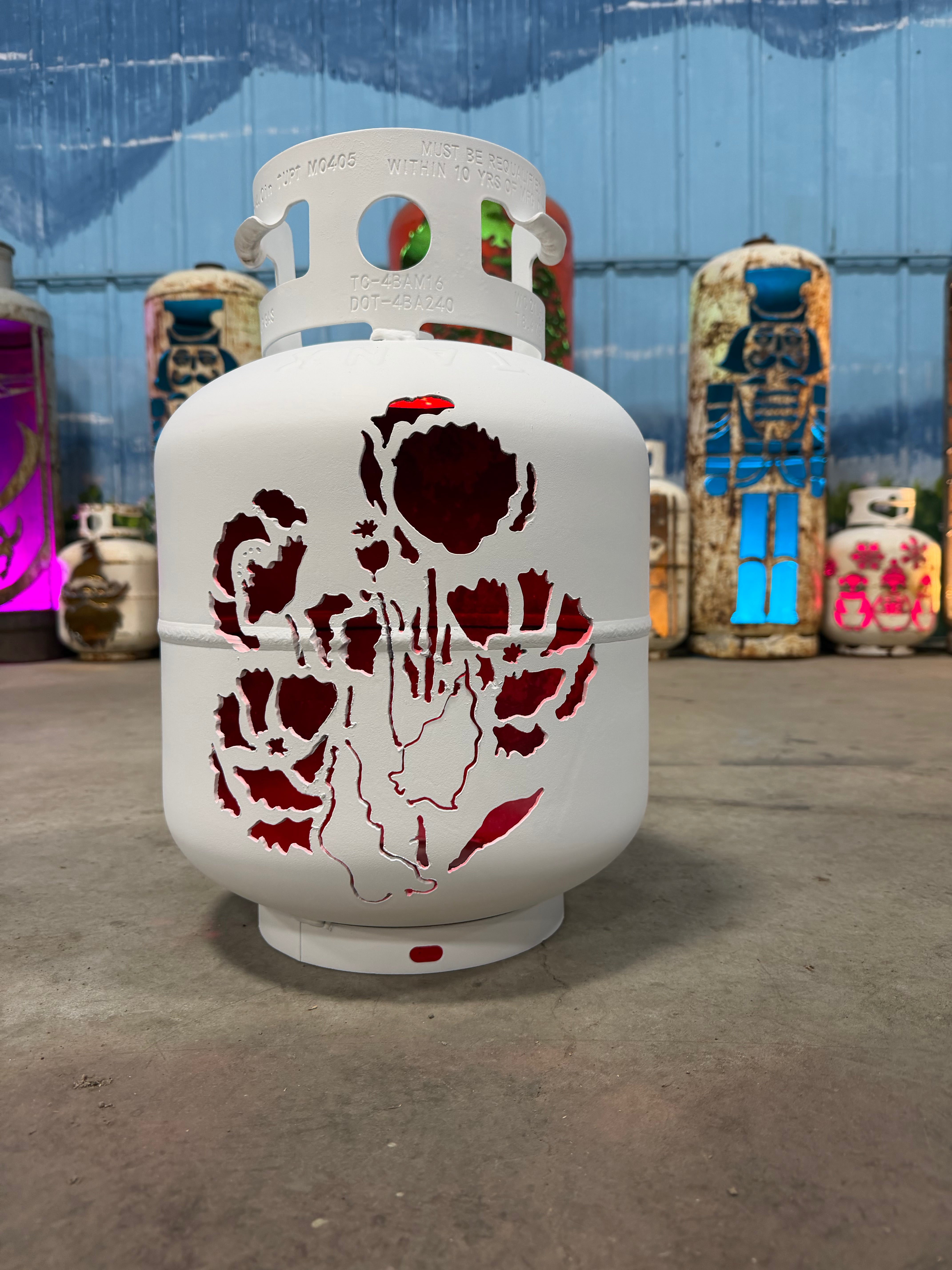 20lb Upcycled Patio Lantern,  Poppy Poppies Painted White