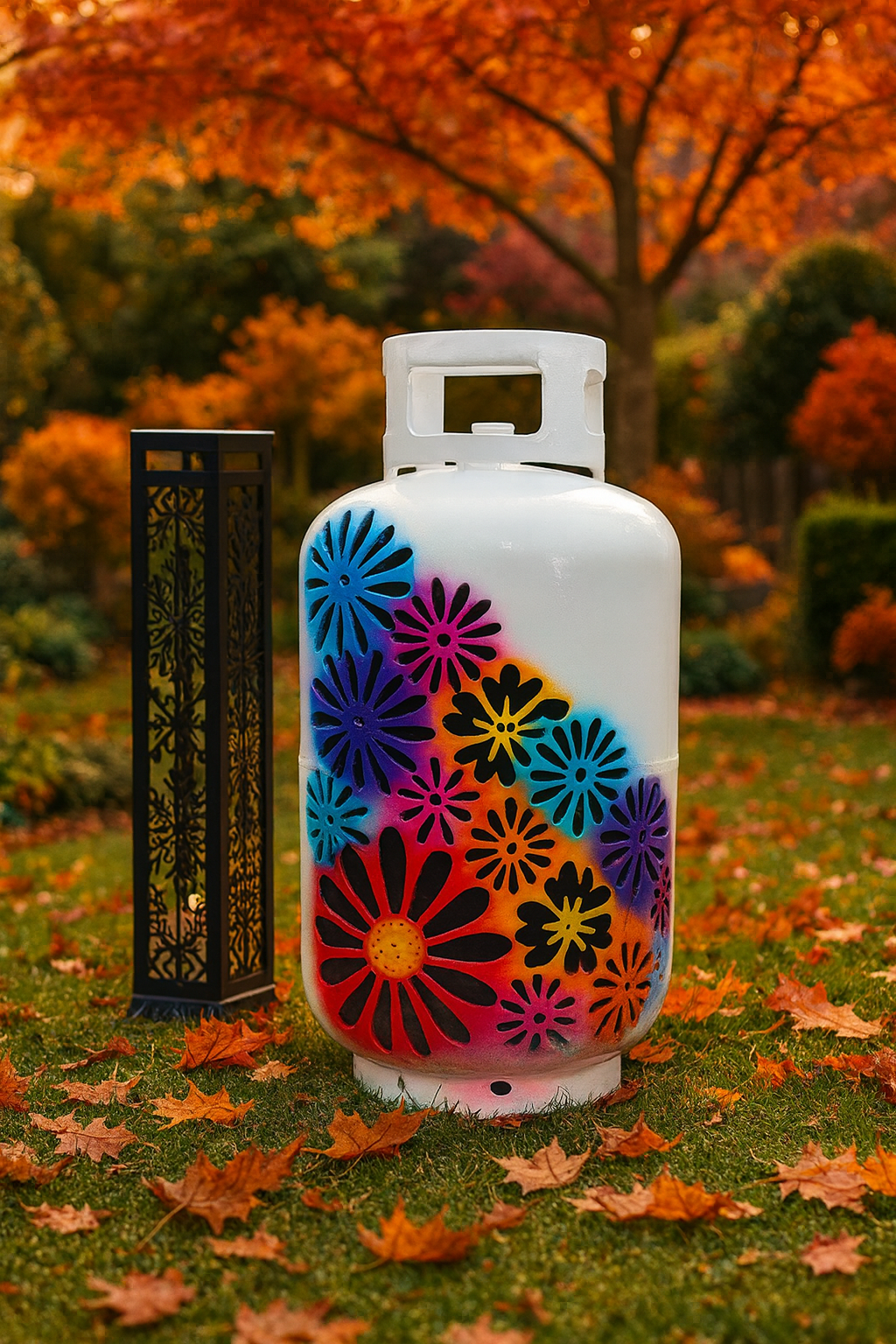 30lb Upcycled Patio Lantern, Painted Floral Wrap