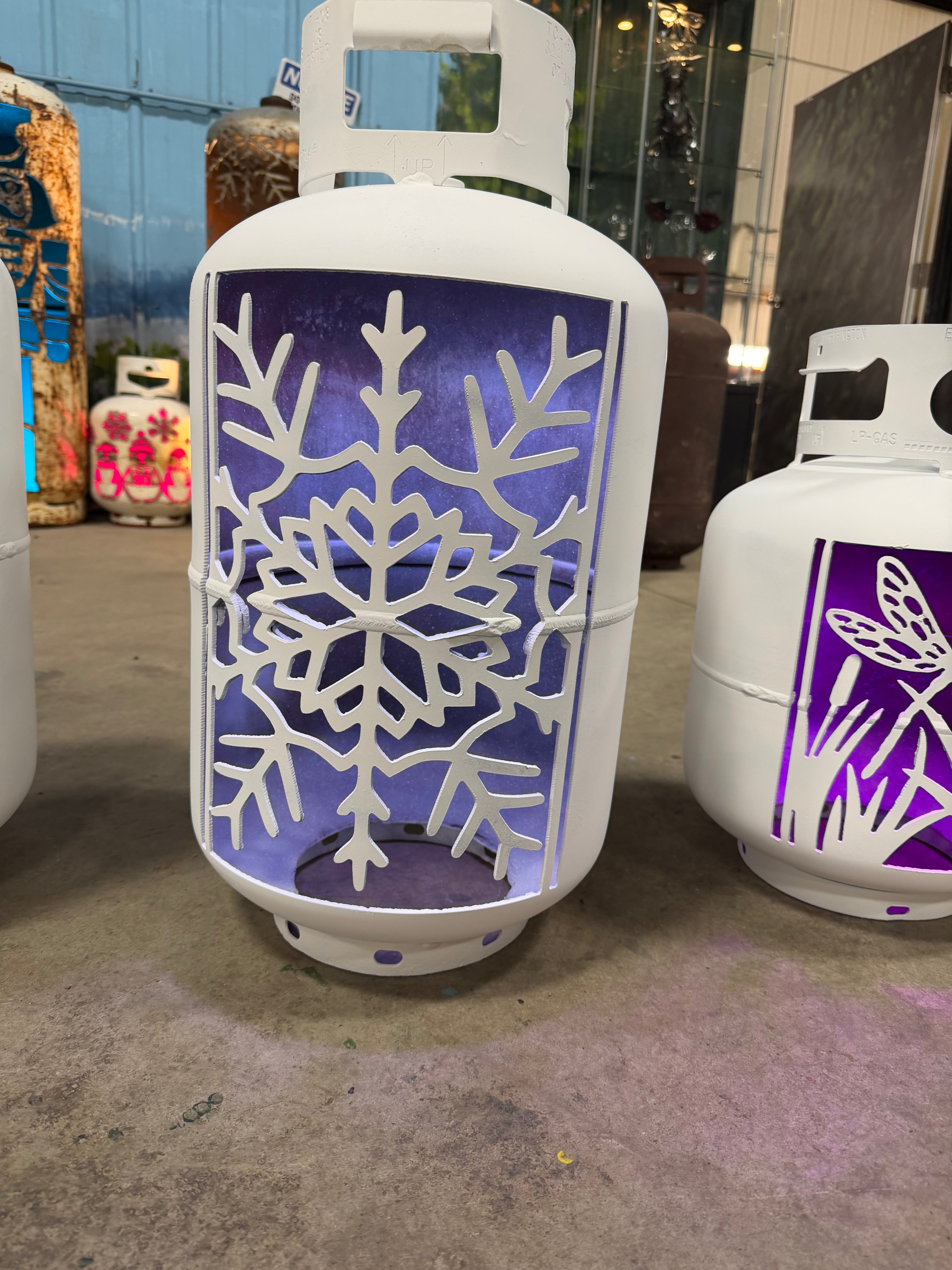 30lb Upcycled Patio Lantern, Snowflake Painted White