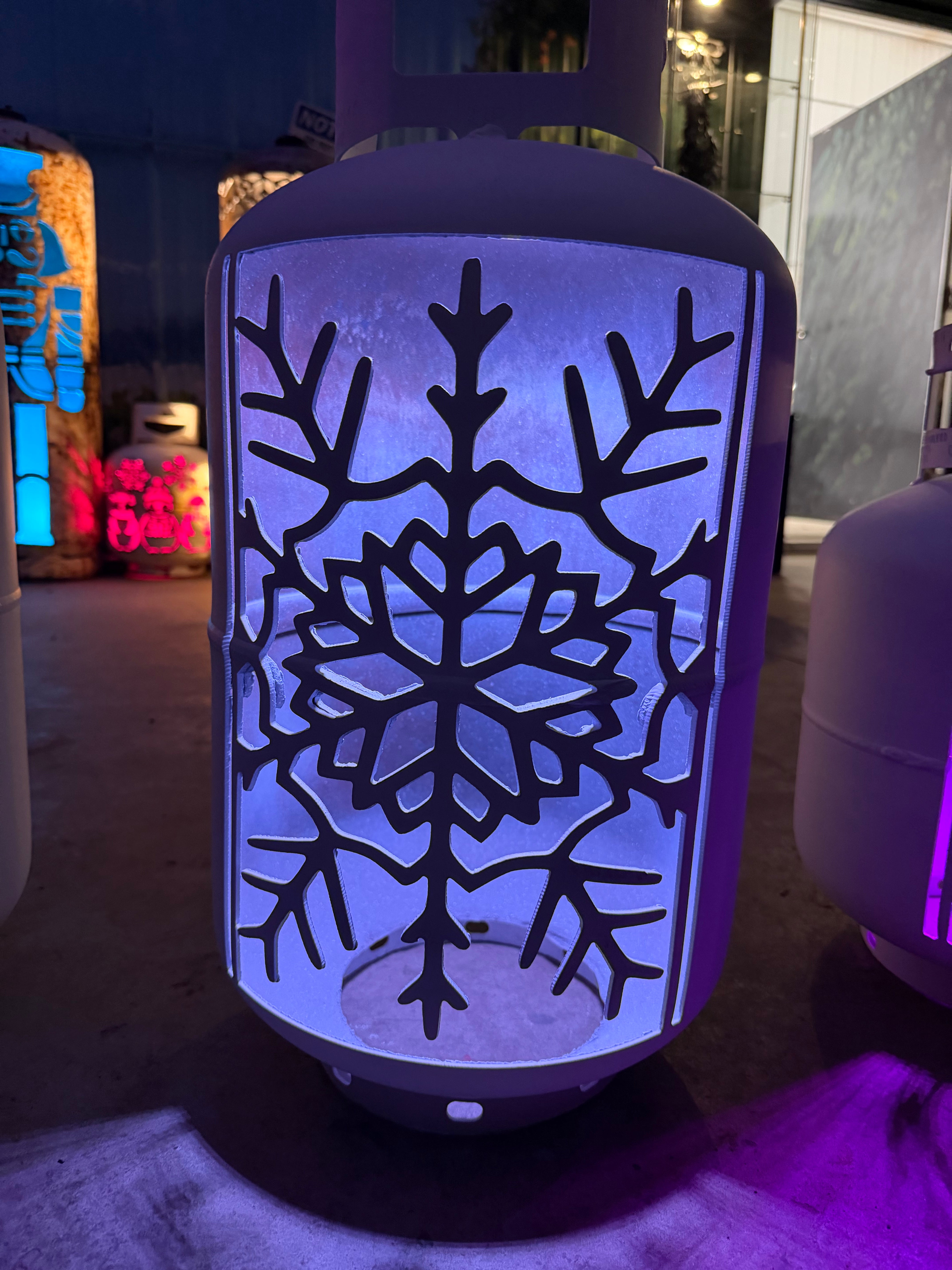 30lb Upcycled Patio Lantern, Snowflake Painted White