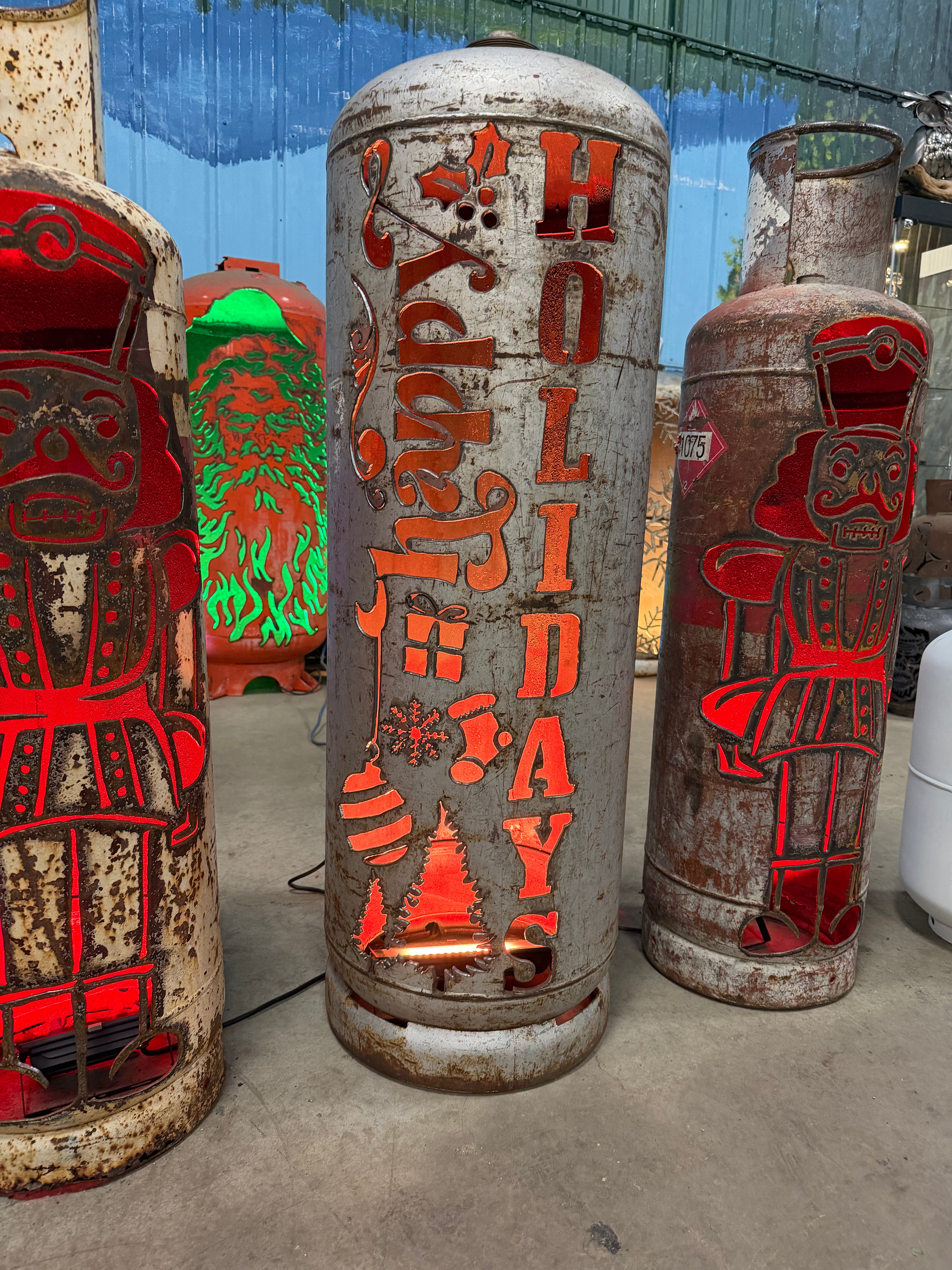 100lb Upcycled Patio Lantern, Happy Holidays Patina
