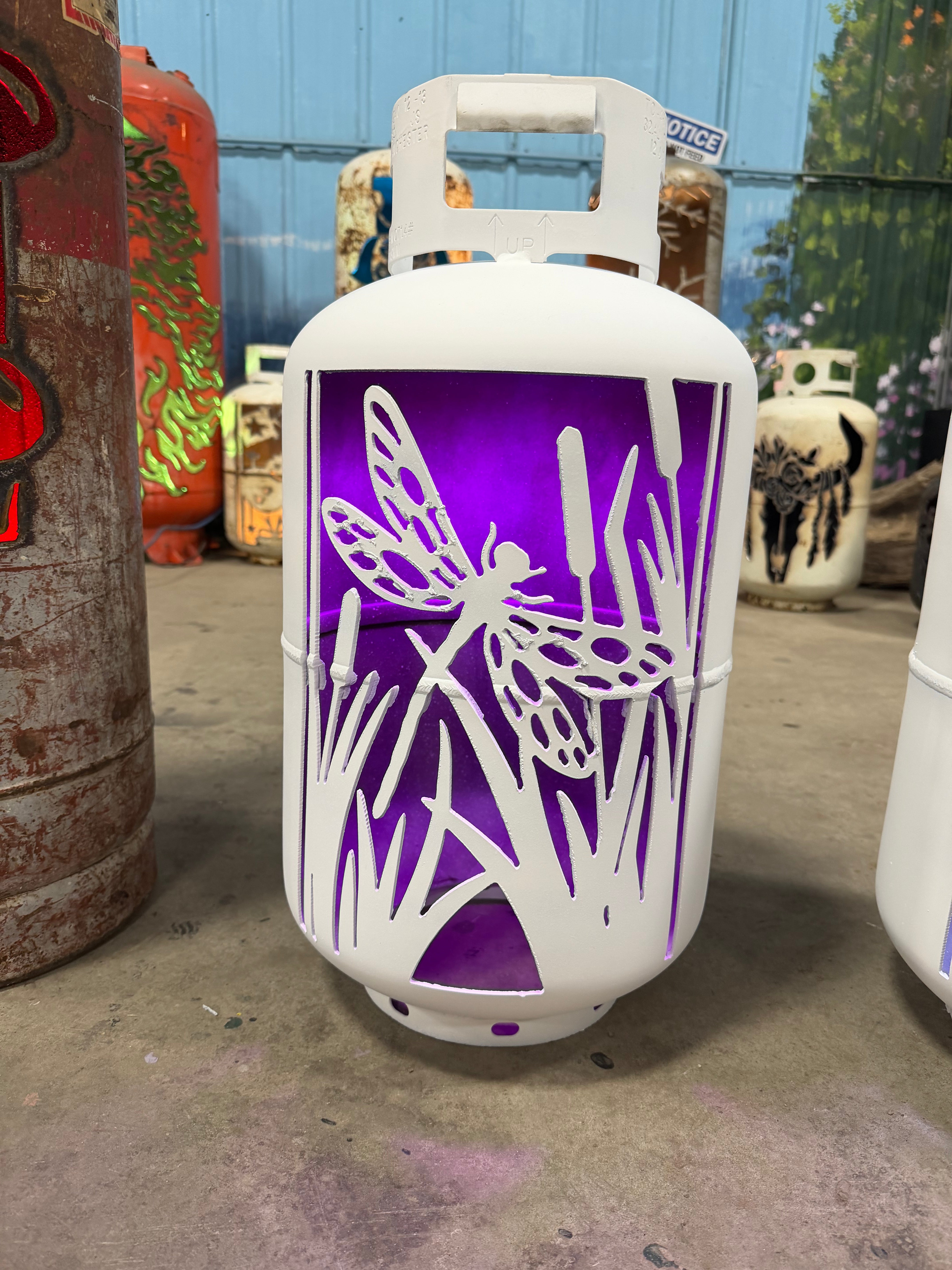 30lb Upcycled Patio Lantern, Dragonfly Painted White