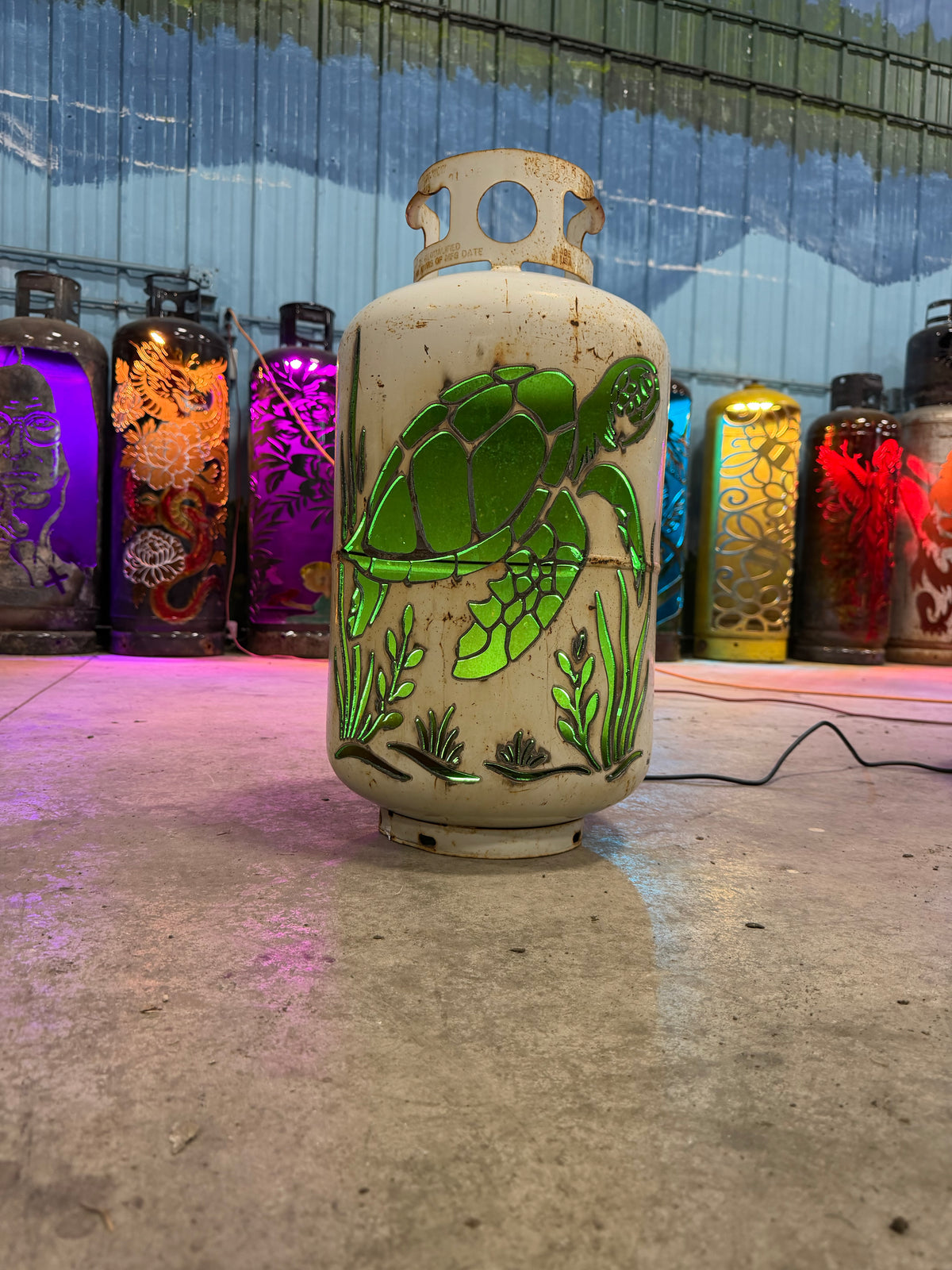 30lb Upcycled Patio Lantern, Reef Sea Turtle Natural Finish