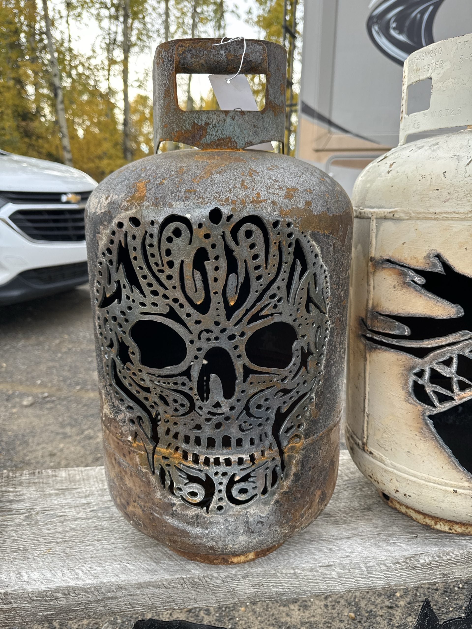 30lb Upcycled Patio Lantern, Sugar Skull
