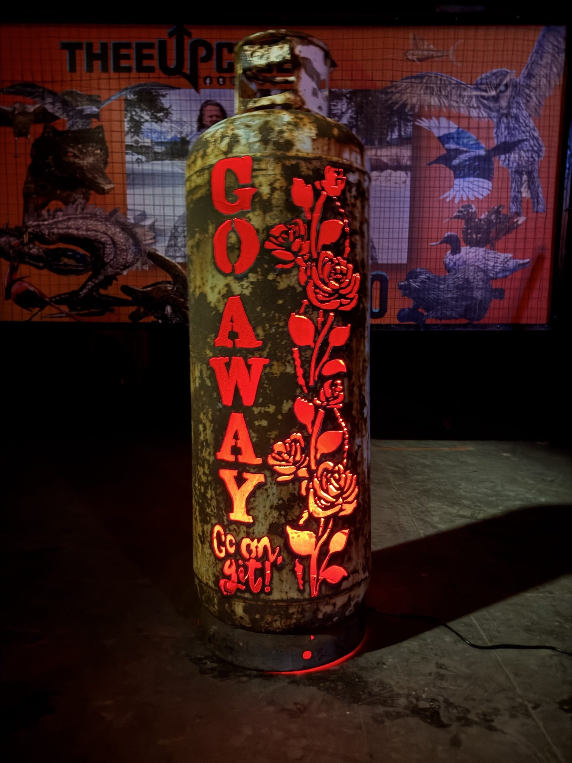100lb Upcycled Patio Lantern, Go Away, Go On Get! Burnt Patina with Gloss Clear