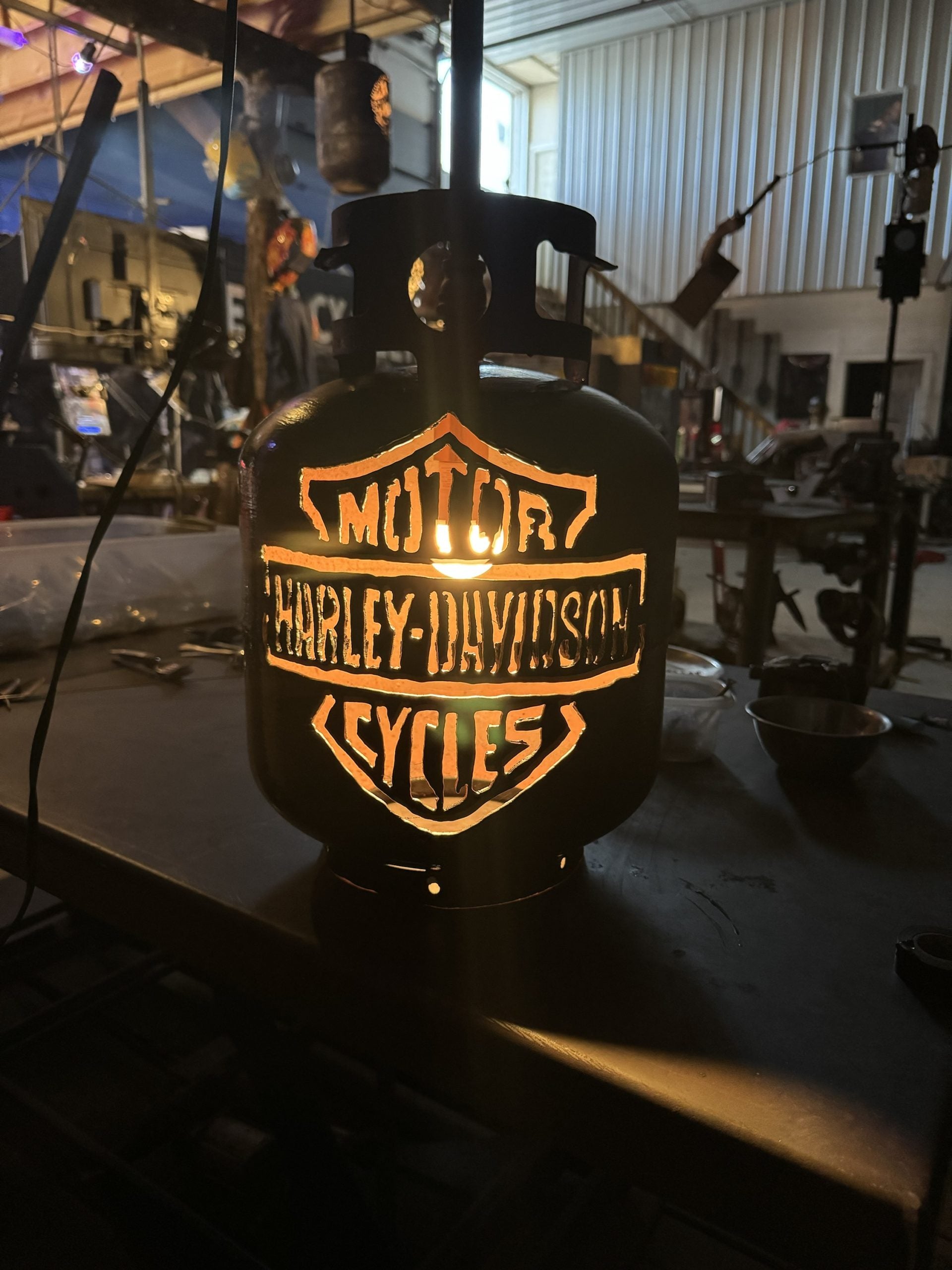 20lb Upcycled Patio Lantern, Harley Davidson, 12” drop including all hardware