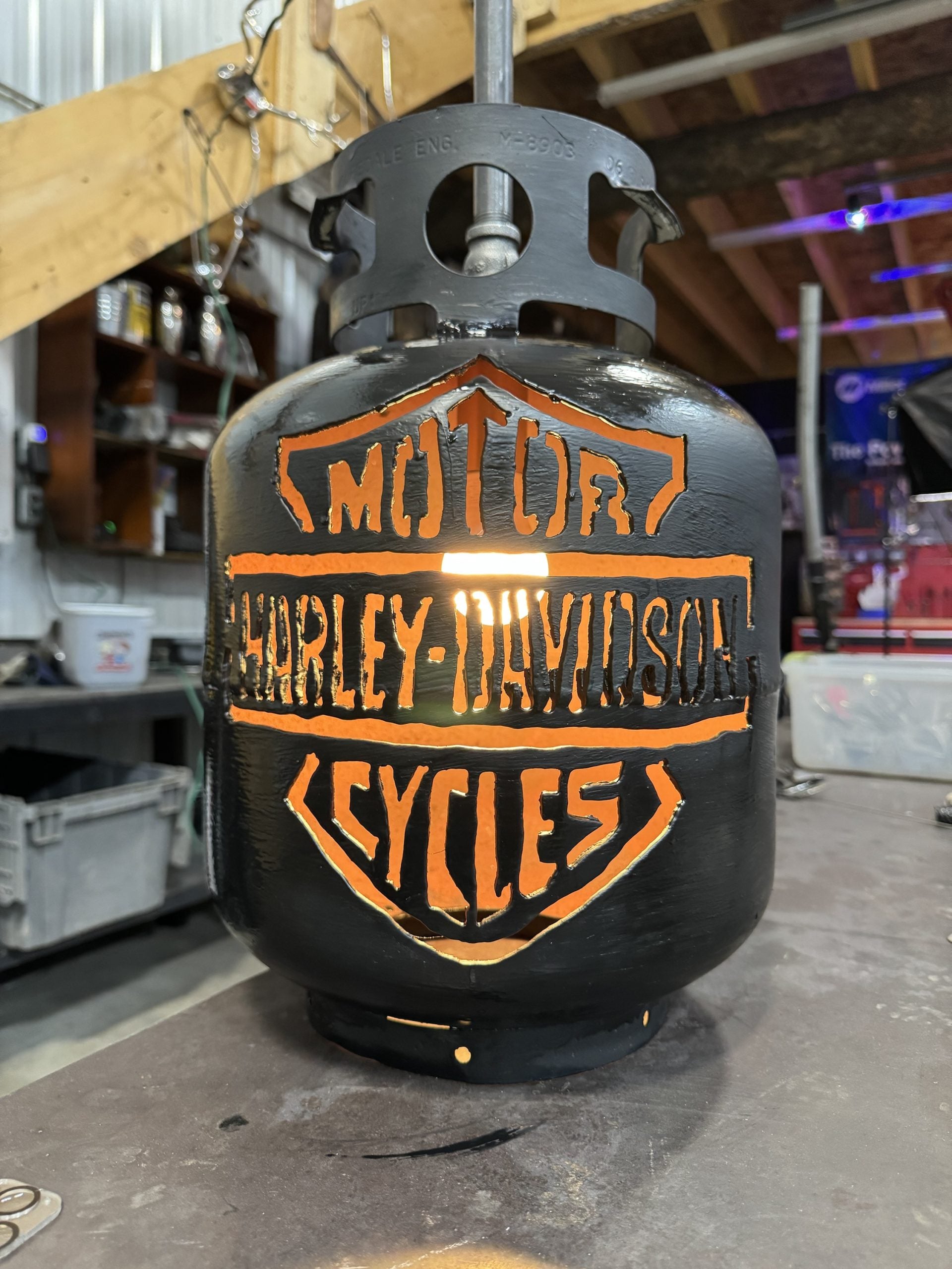 20lb Upcycled Patio Lantern, Harley Davidson, 12” drop including all hardware