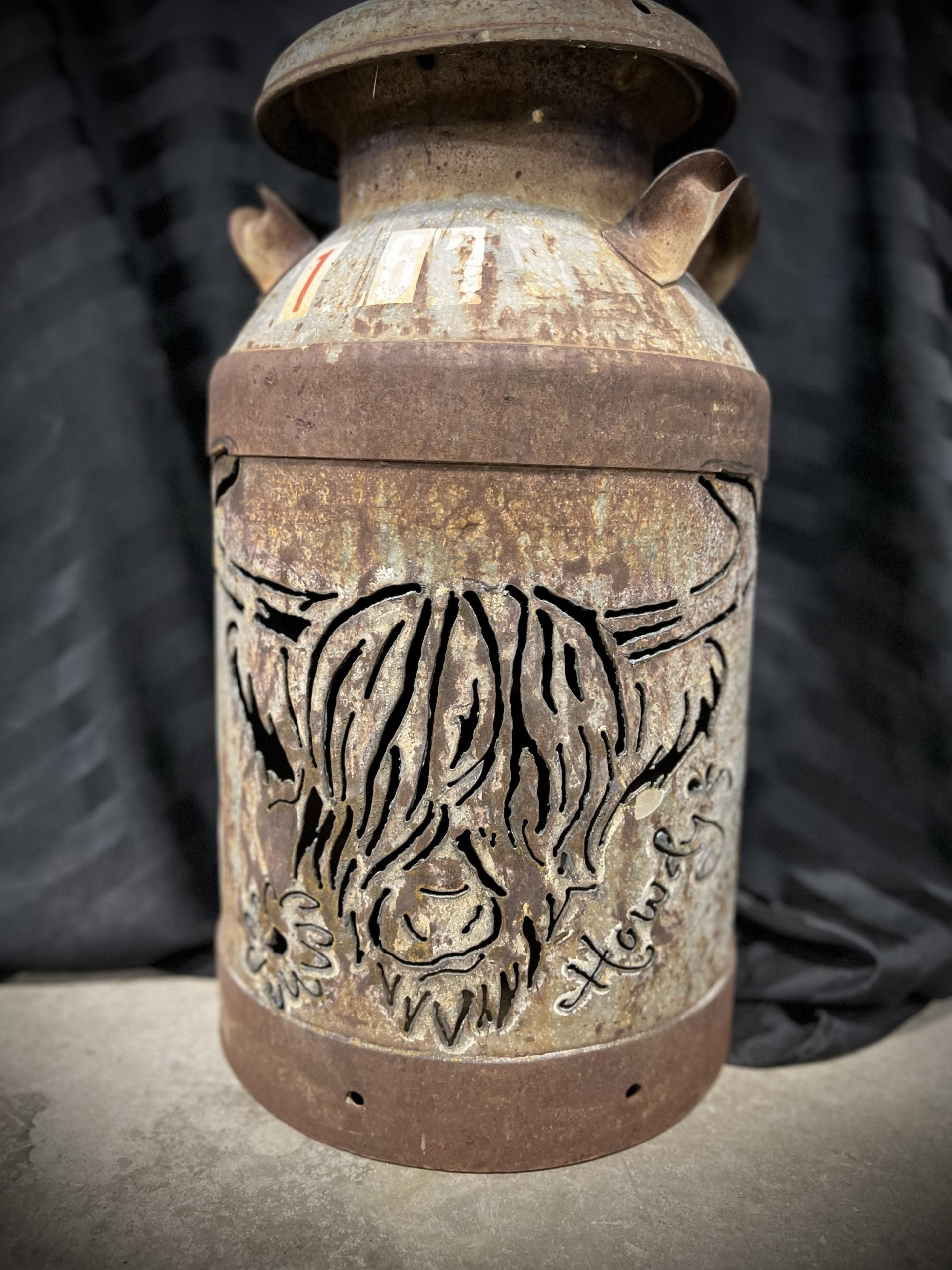 Cream Can Upcycled Patio Lantern, Highland Cow