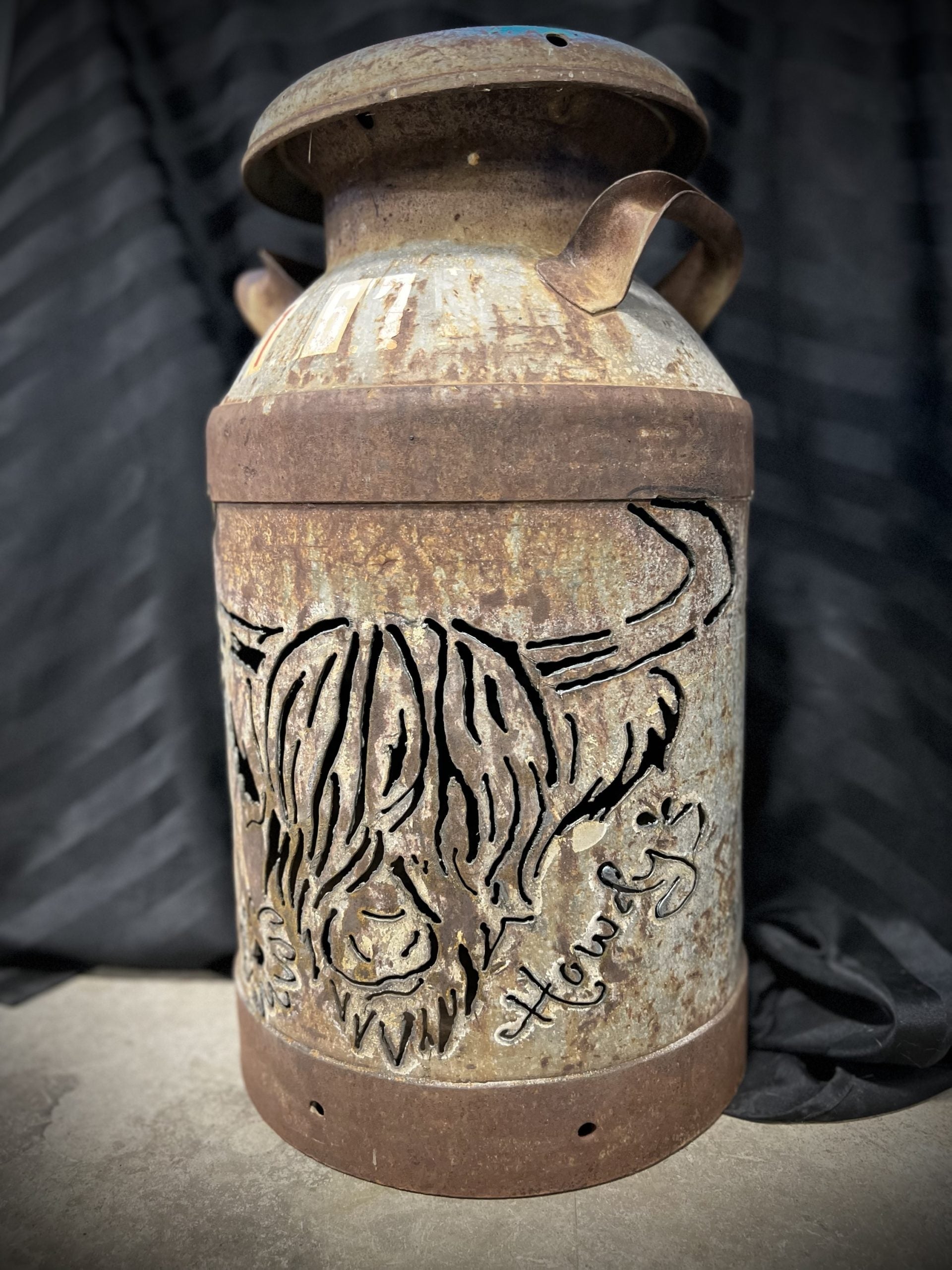 Cream Can Upcycled Patio Lantern, Highland Cow