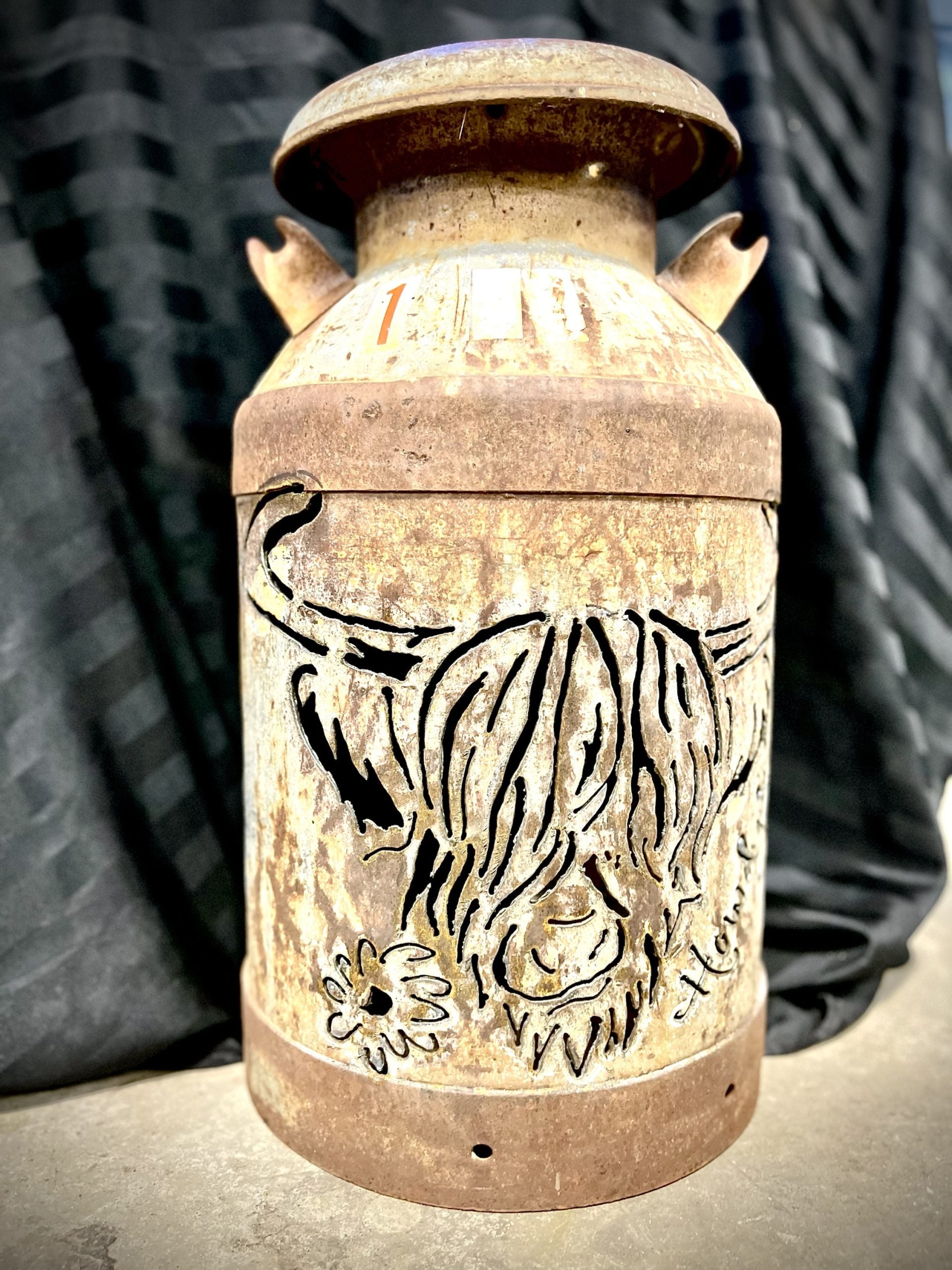 Cream Can Upcycled Patio Lantern, Highland Cow