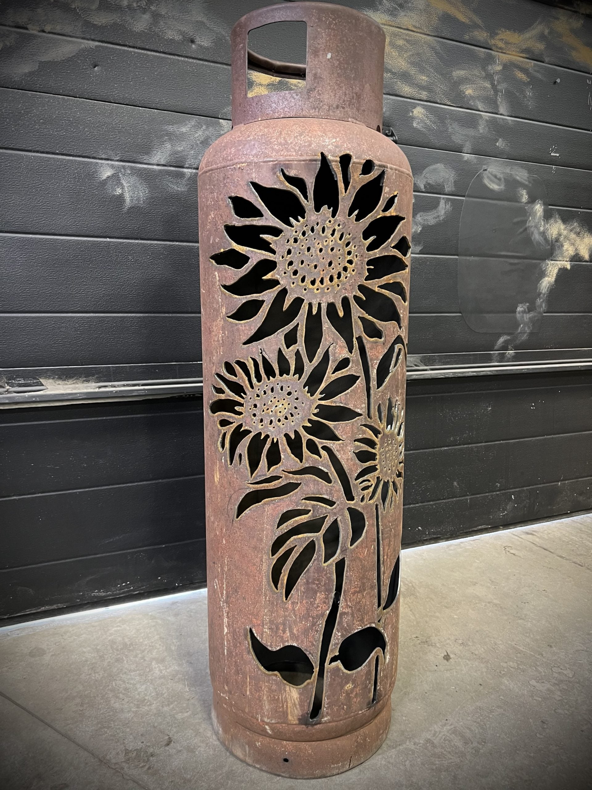 100lb Upcycled Patio Lantern, Three Sunflowers