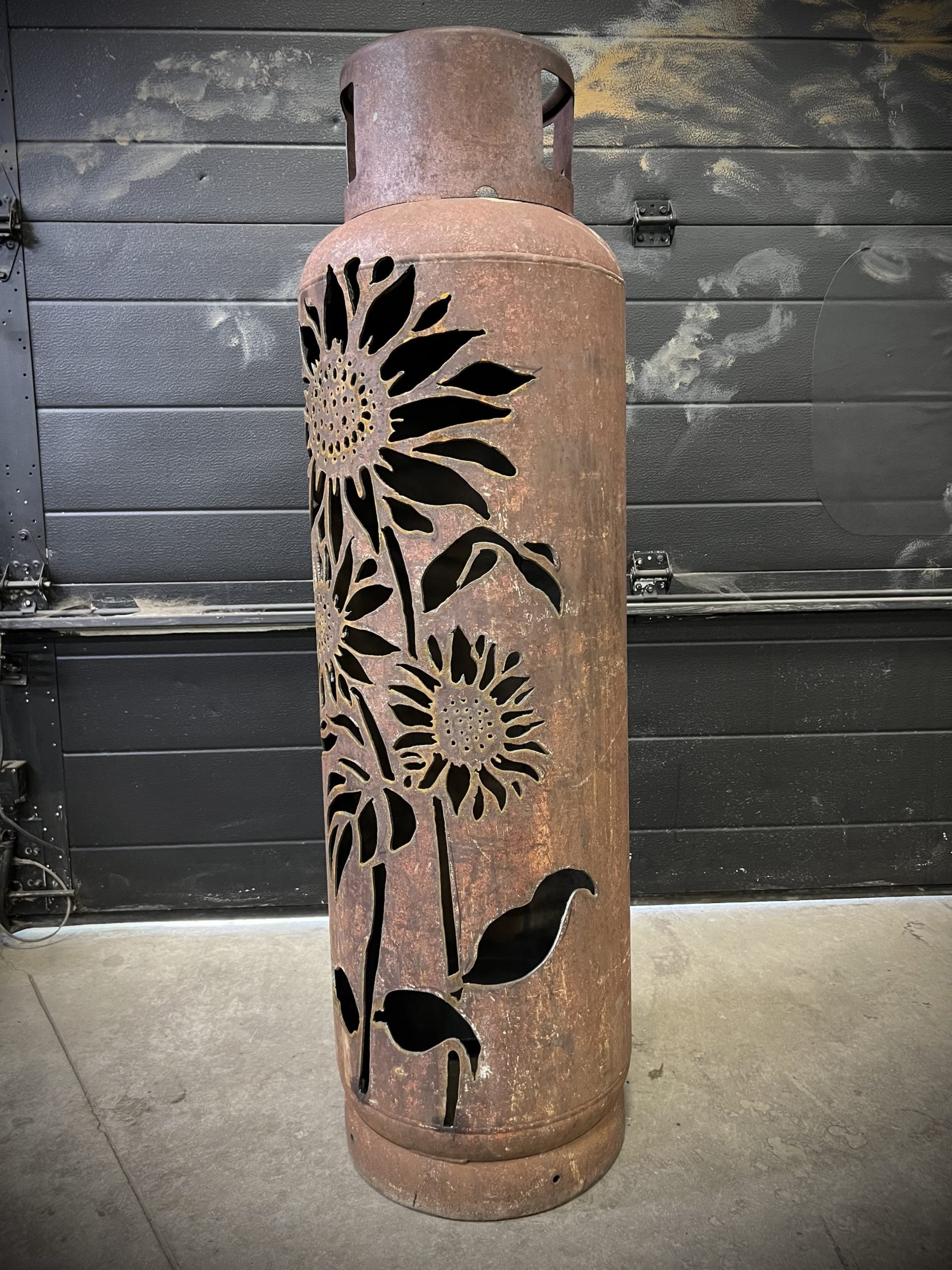 100lb Upcycled Patio Lantern, Three Sunflowers