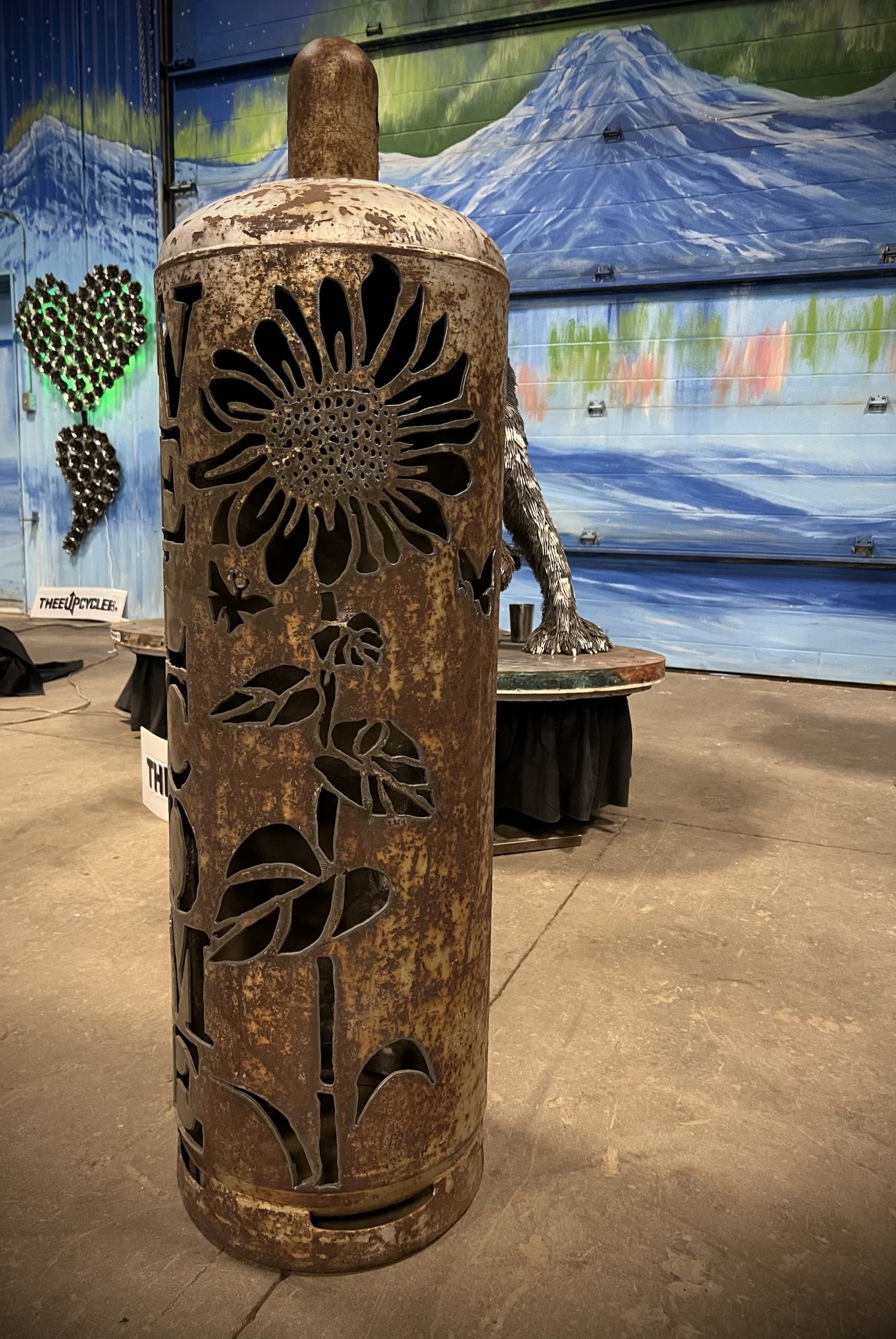 100lb Upcycled Patio Lantern, Sunflower & Welcome