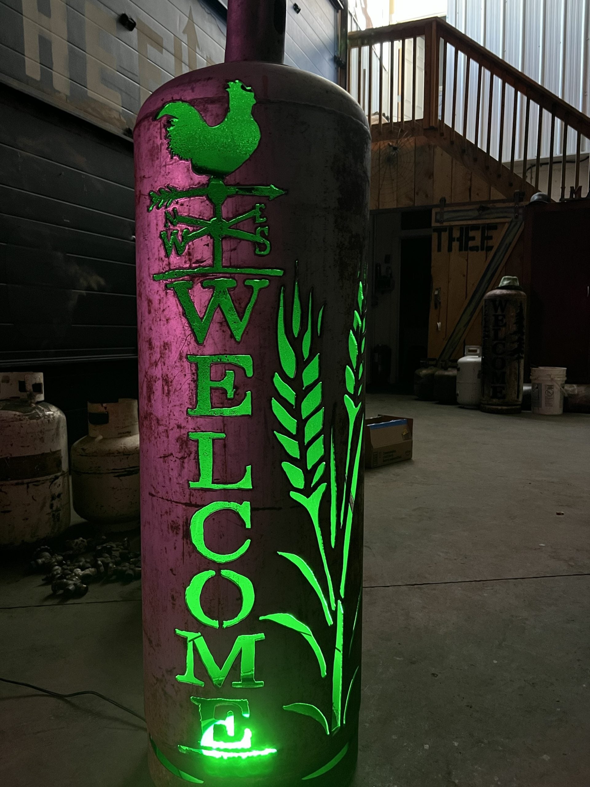 100lb Upcycled Patio Lantern, Welcome & Wheat