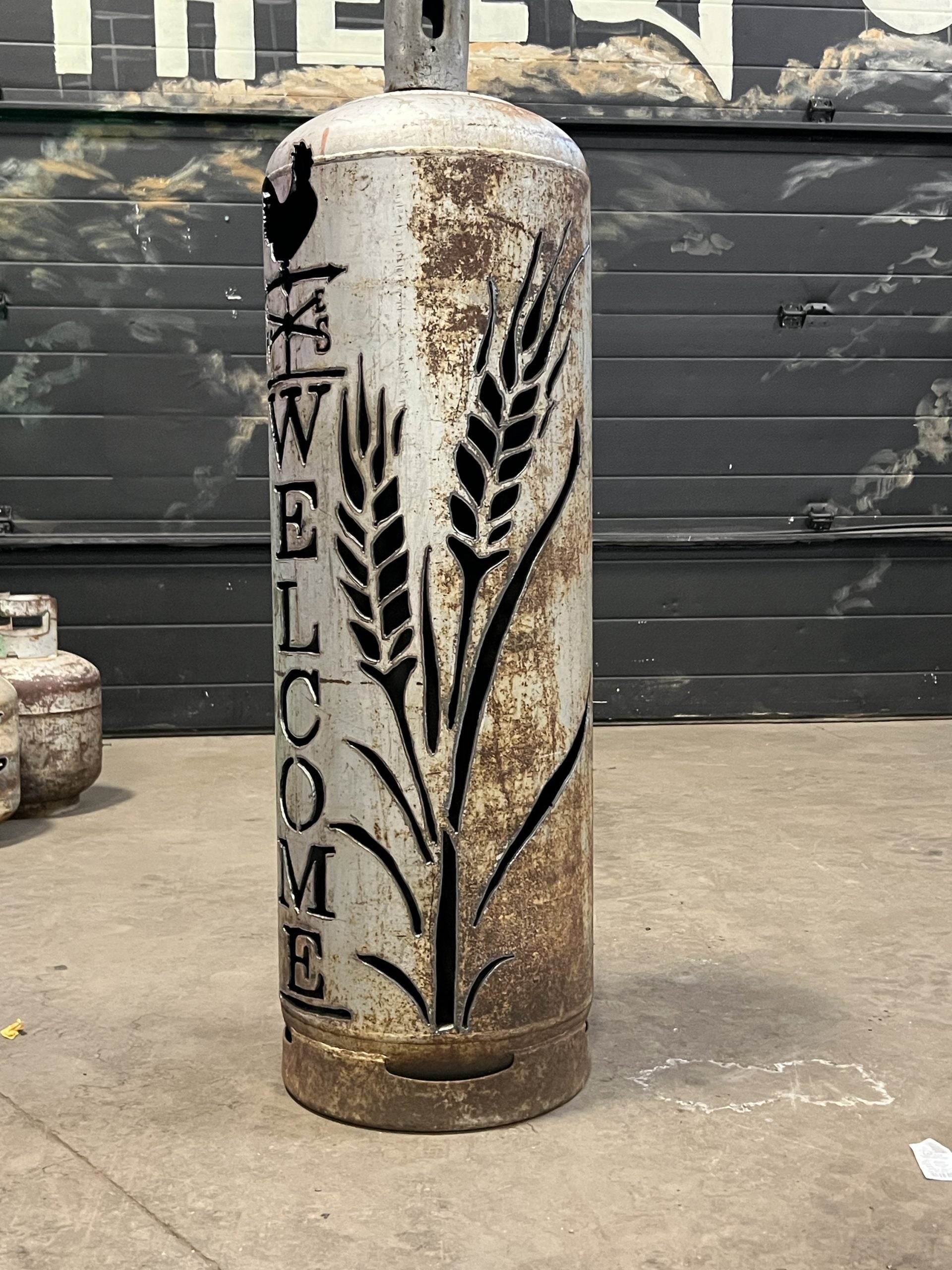100lb Upcycled Patio Lantern, Welcome & Wheat