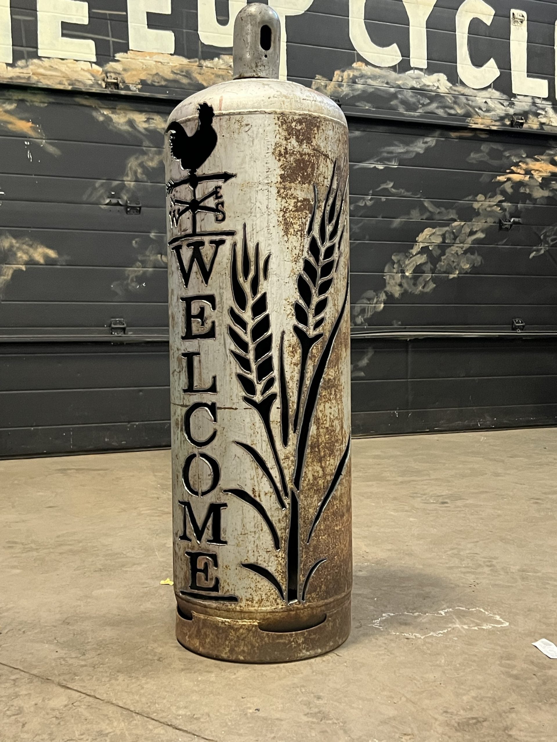 100lb Upcycled Patio Lantern, Welcome & Wheat
