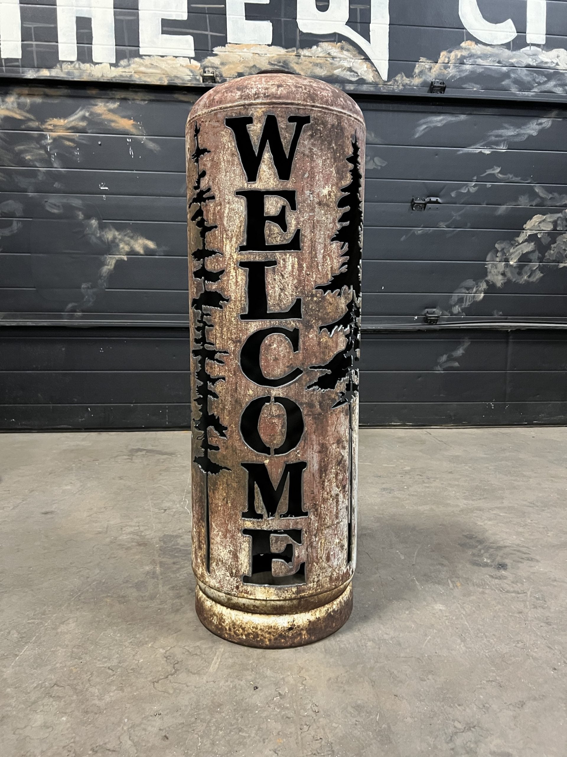 100lb Upcycled Patio Lantern, Welcome & Spruce Trees